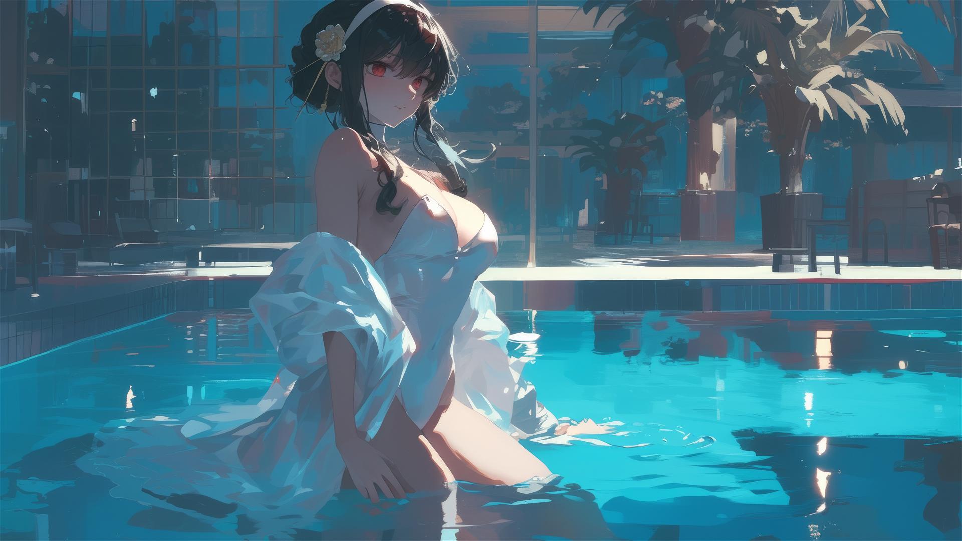 Yor Forger as bunny girl in pool with moonlight and rain