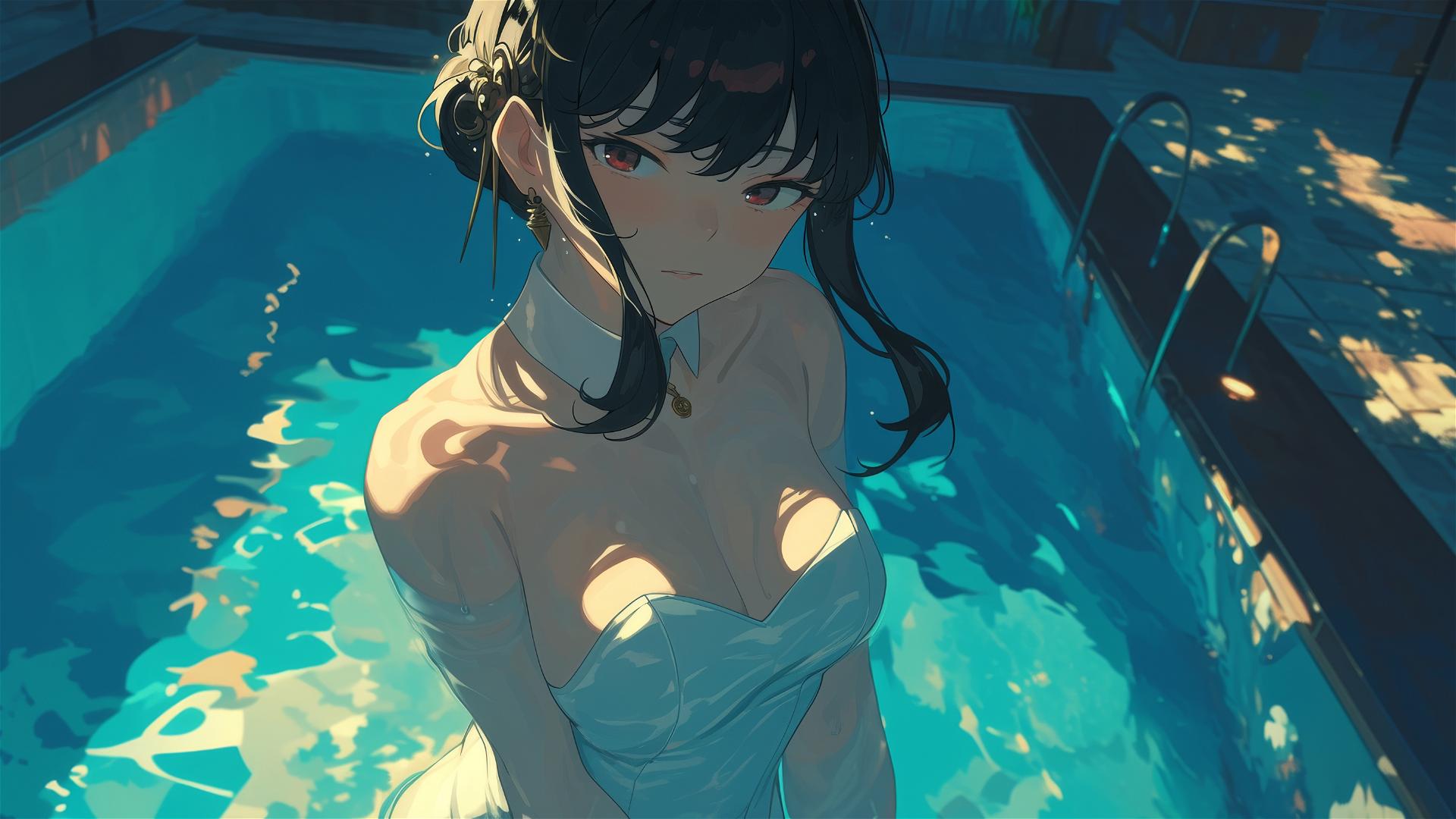 Yor Forger as a bunny girl in a pool under moonlight on a rainy day