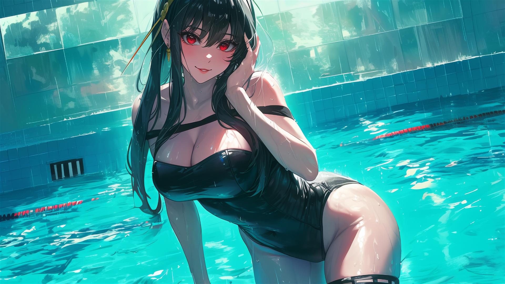 Yor Forger from Spy x Family, in bunny girl outfit standing in pool under moonlight with rain
