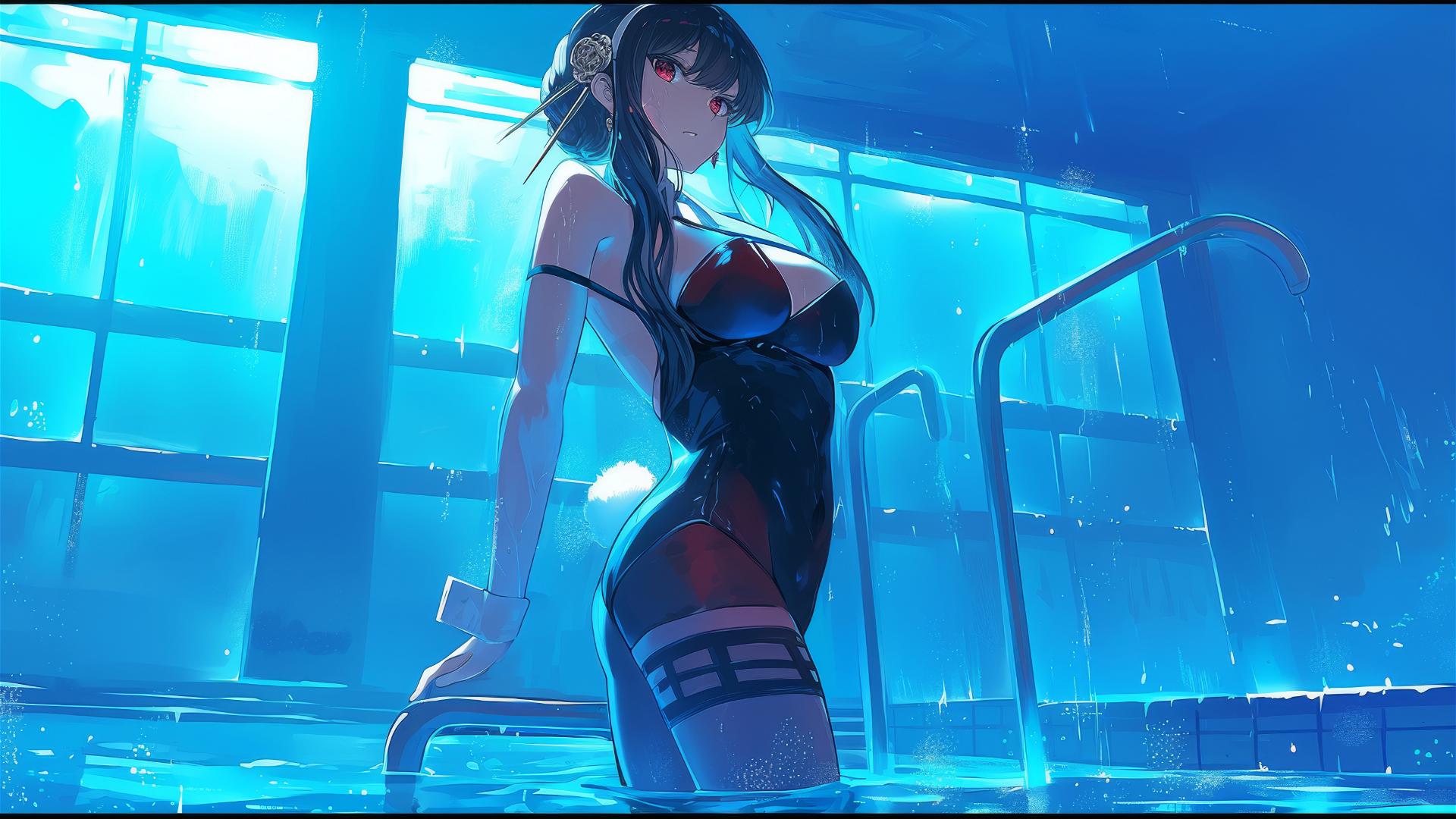 Yor Forger in bunny outfit stands in pool under moonlight on a rainy day.