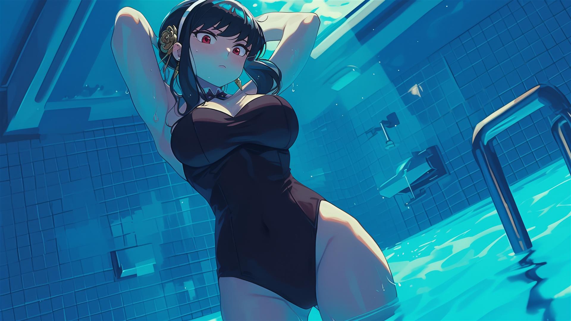 Yor Forger from Spy x Family in bunny style at a pool with moonlight and rain.