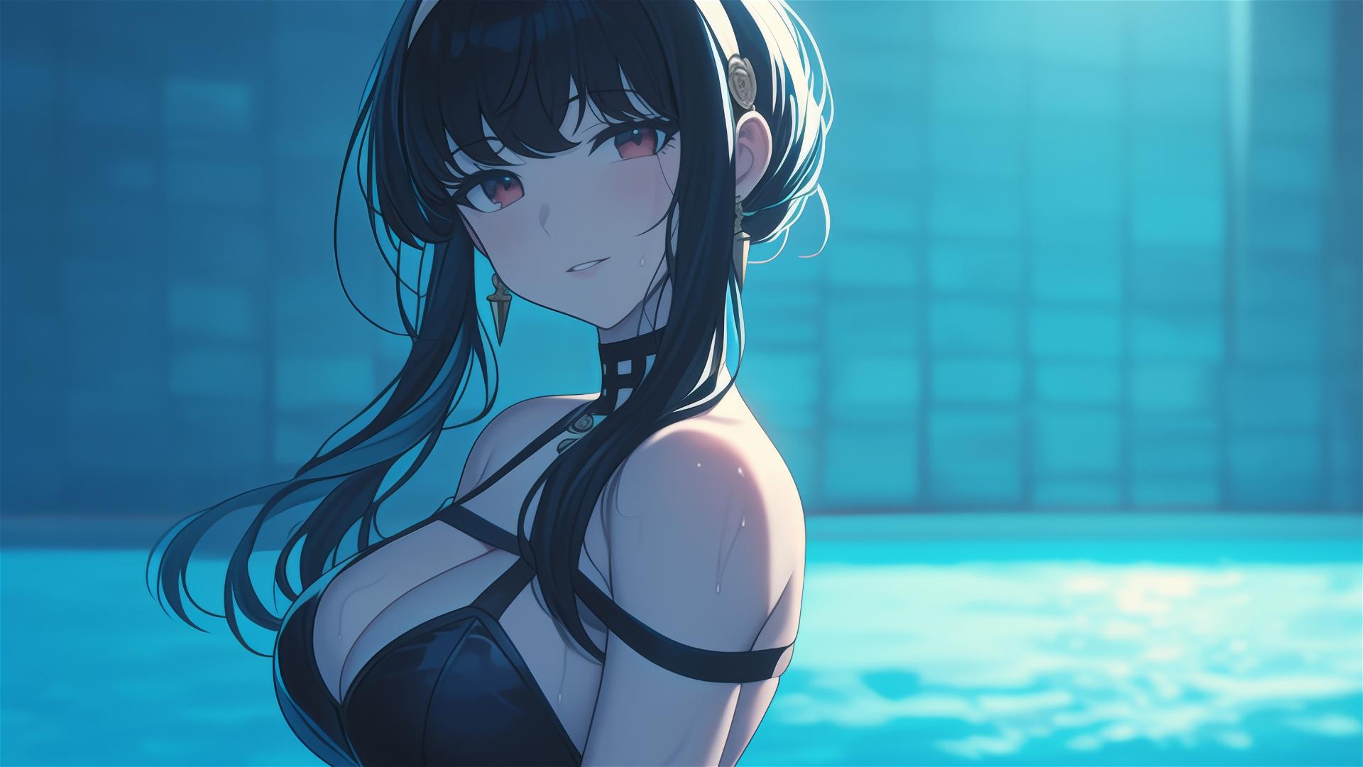Yor Forger from Spy x Family in bunny girl outfit standing in pool under moonlight on rainy day
