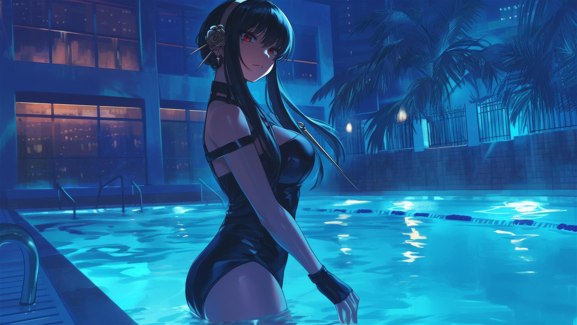Yor Forger in bunny girl outfit standing in pool under moonlight