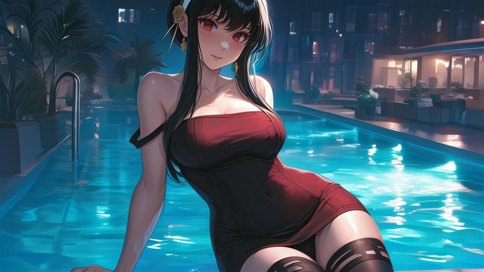 Yor Forger as bunny girl in pool under moonlight