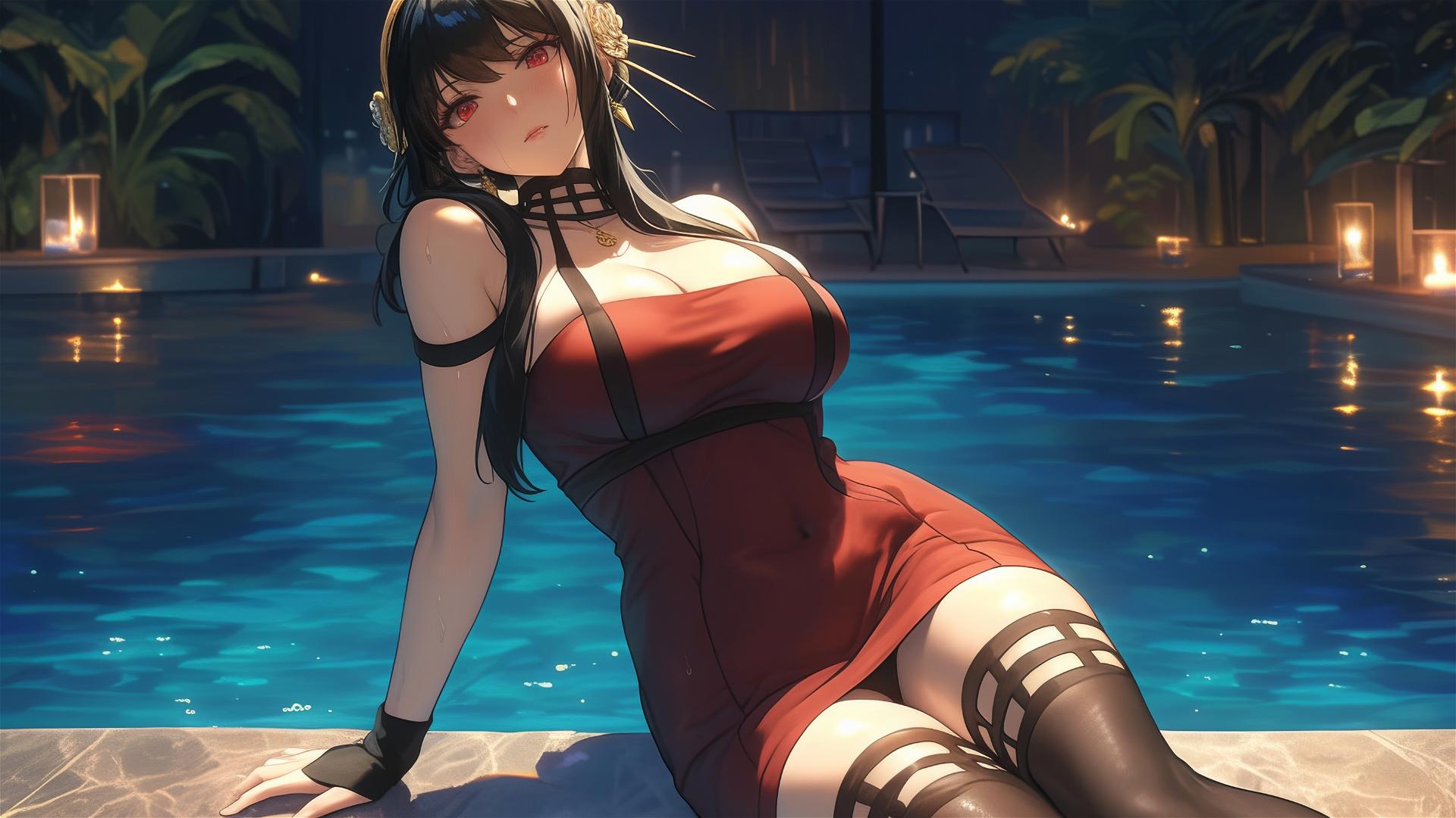 Yor Forger from Spy x Family in bunny outfit swimming in moonlit pool