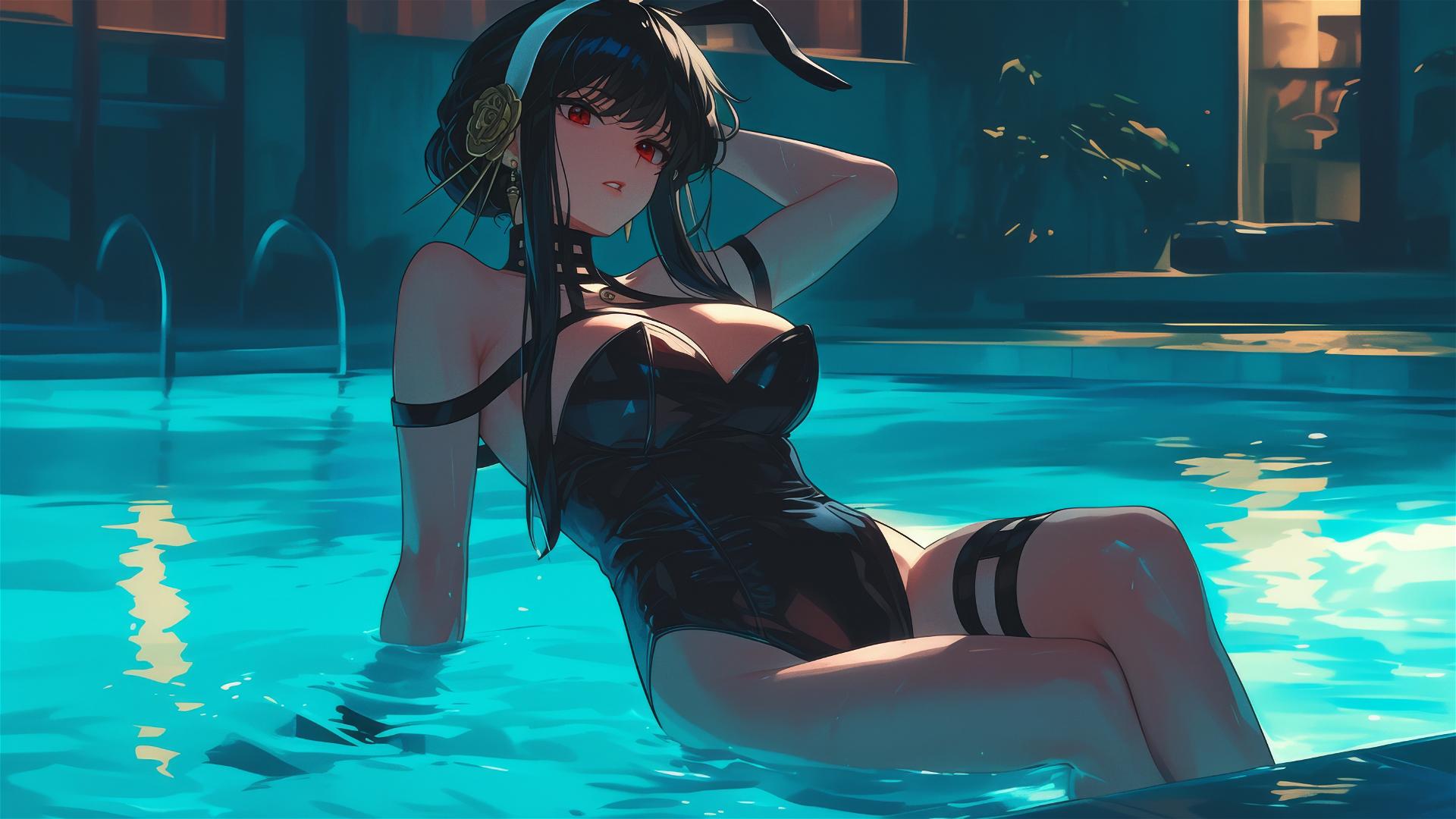 Yor Forger from Spy x Family in bunny girl style swimming under moonlight