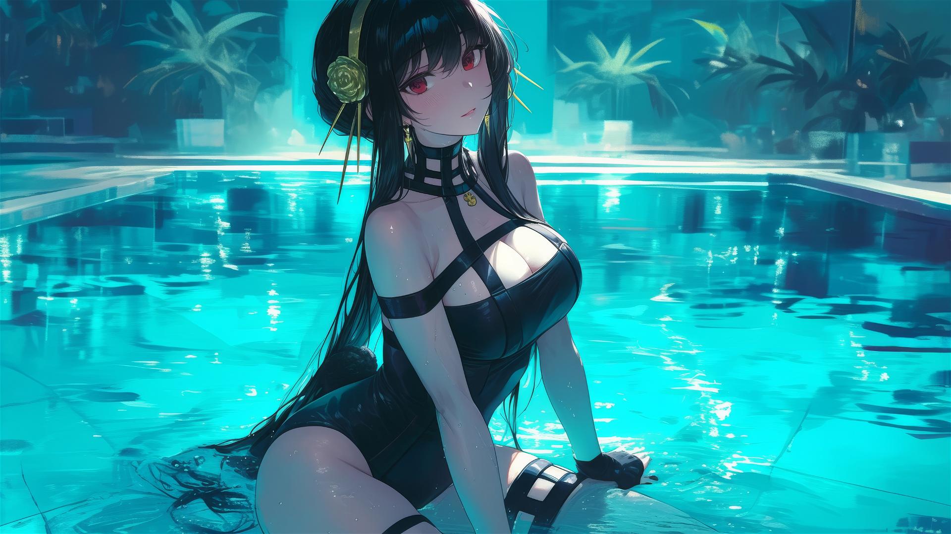 Yor Forger from Spy x Family swimming in moonlit pool, bunny girl style