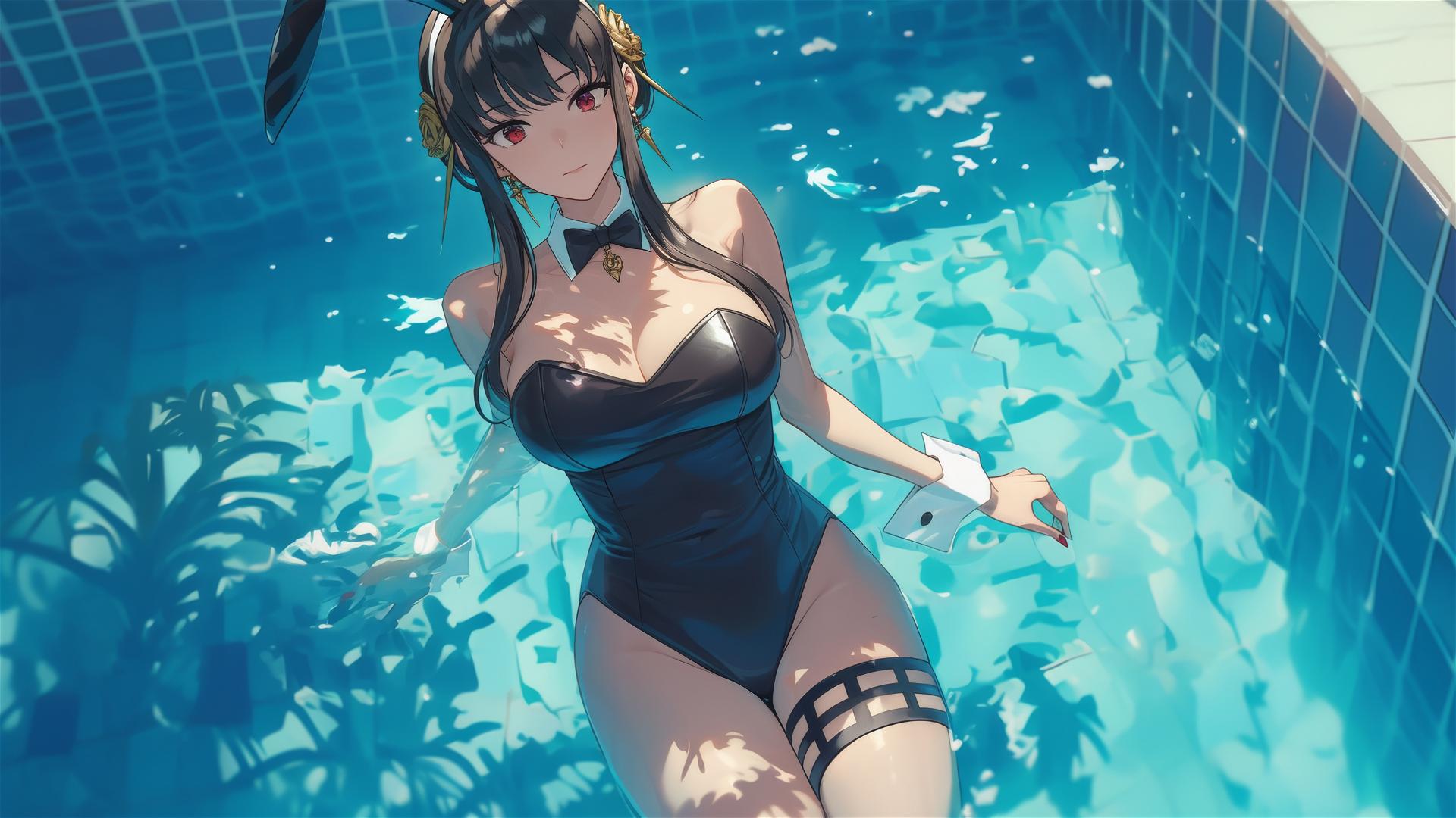 Yor Forger from Spy x Family in a bunny costume swimming under moonlight