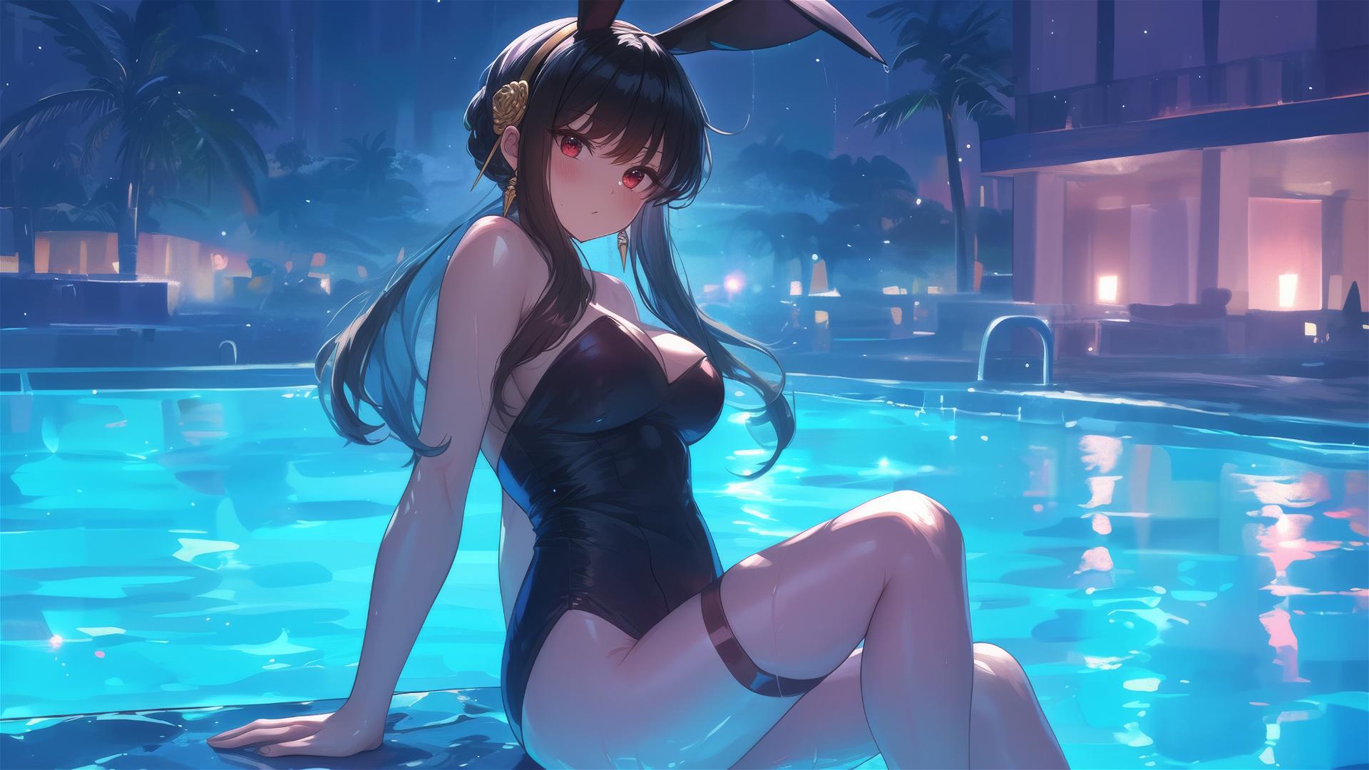 Yor Forger in bunny girl outfit swimming under moonlight