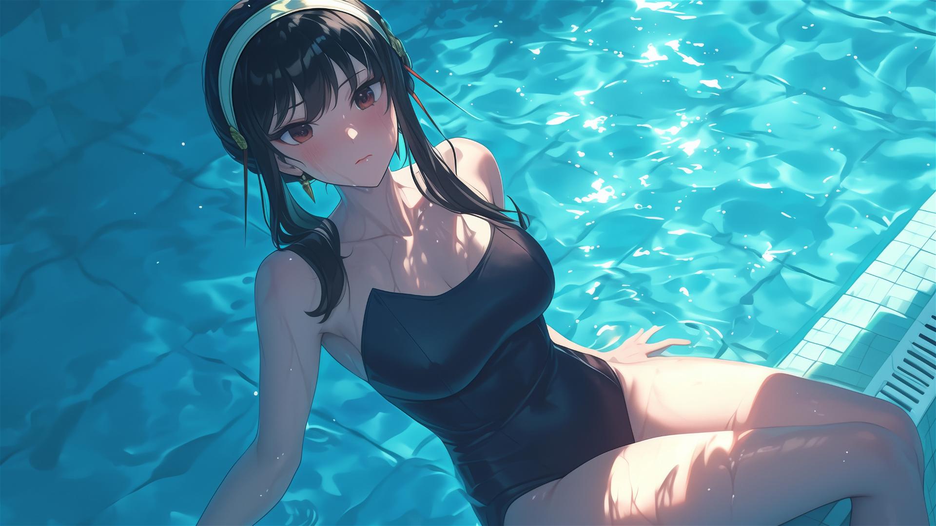 Yor Forger in bunny girl outfit standing in a pool under moonlight
