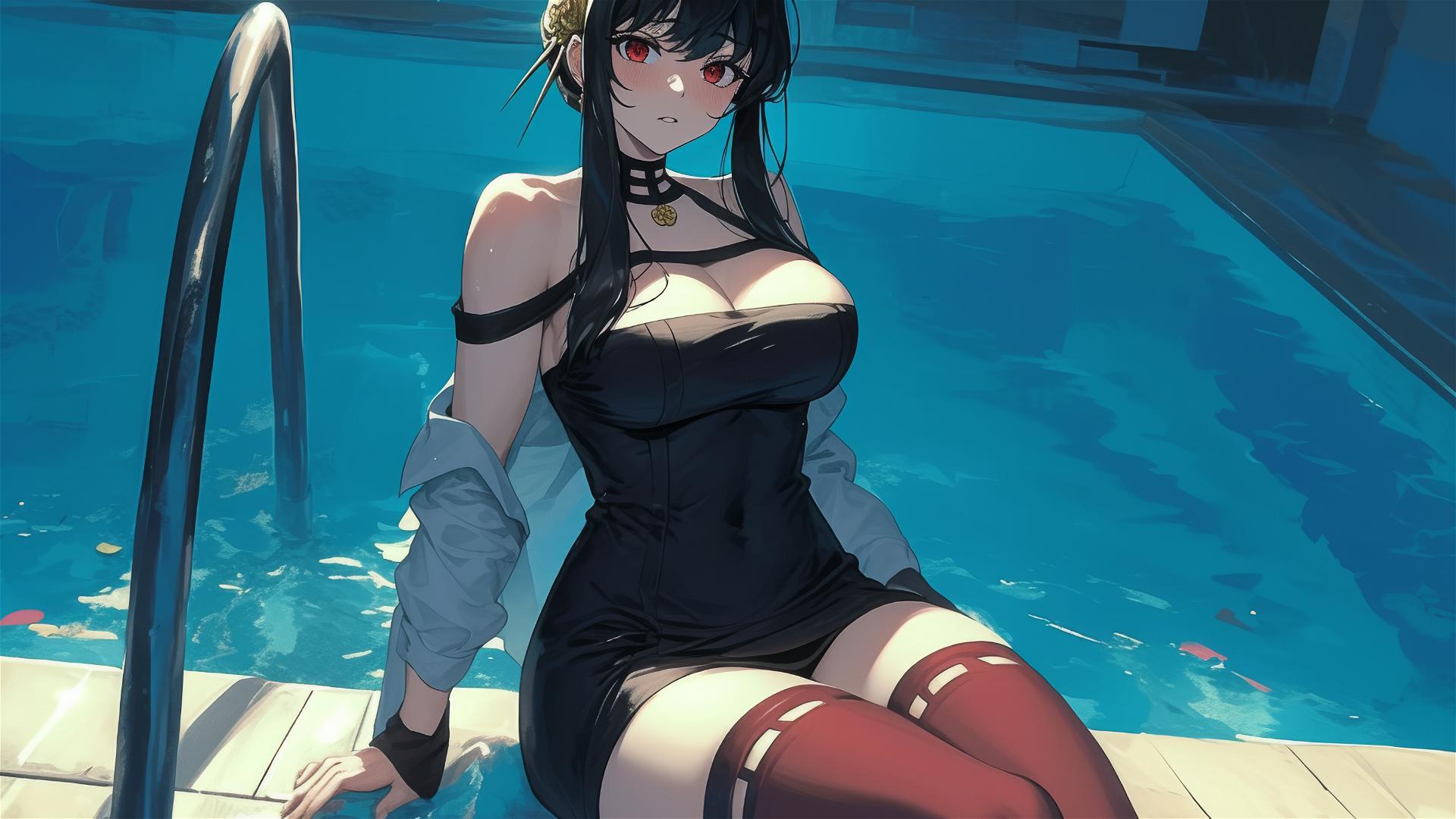 Yor Forger in bunny girl style swimming under moonlight