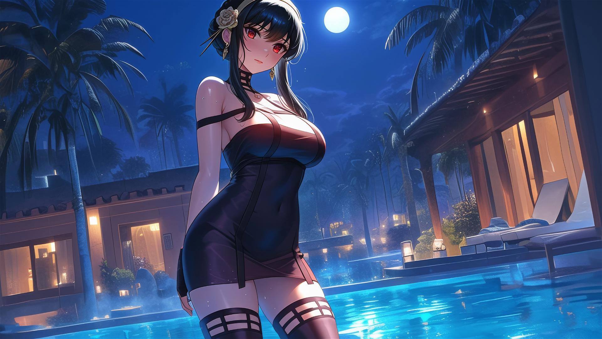 Yor Forger from Spy x Family standing in a pool under moonlight