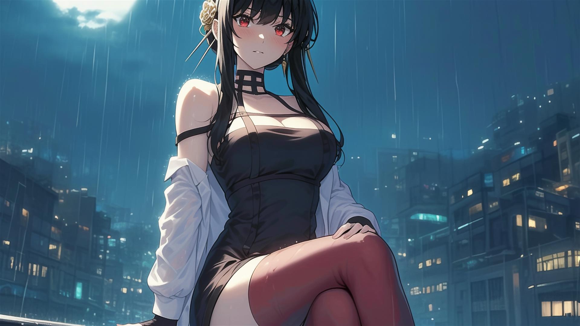 Yor Forger from Spy x Family on rainy rooftop with moonlight glow