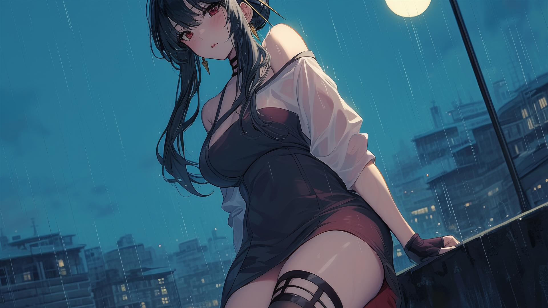 Yor Forger from Spy x Family standing on a rainy rooftop with moonlight glow