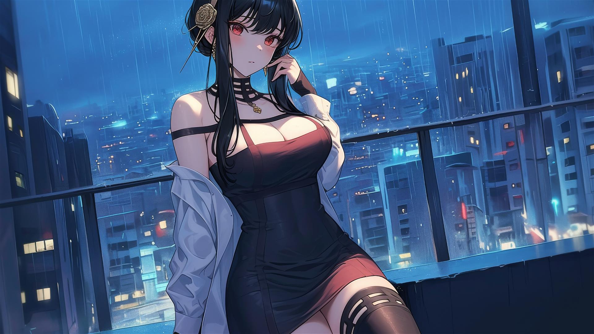 Yor Forger from Spy x Family on rainy rooftop with moonlight