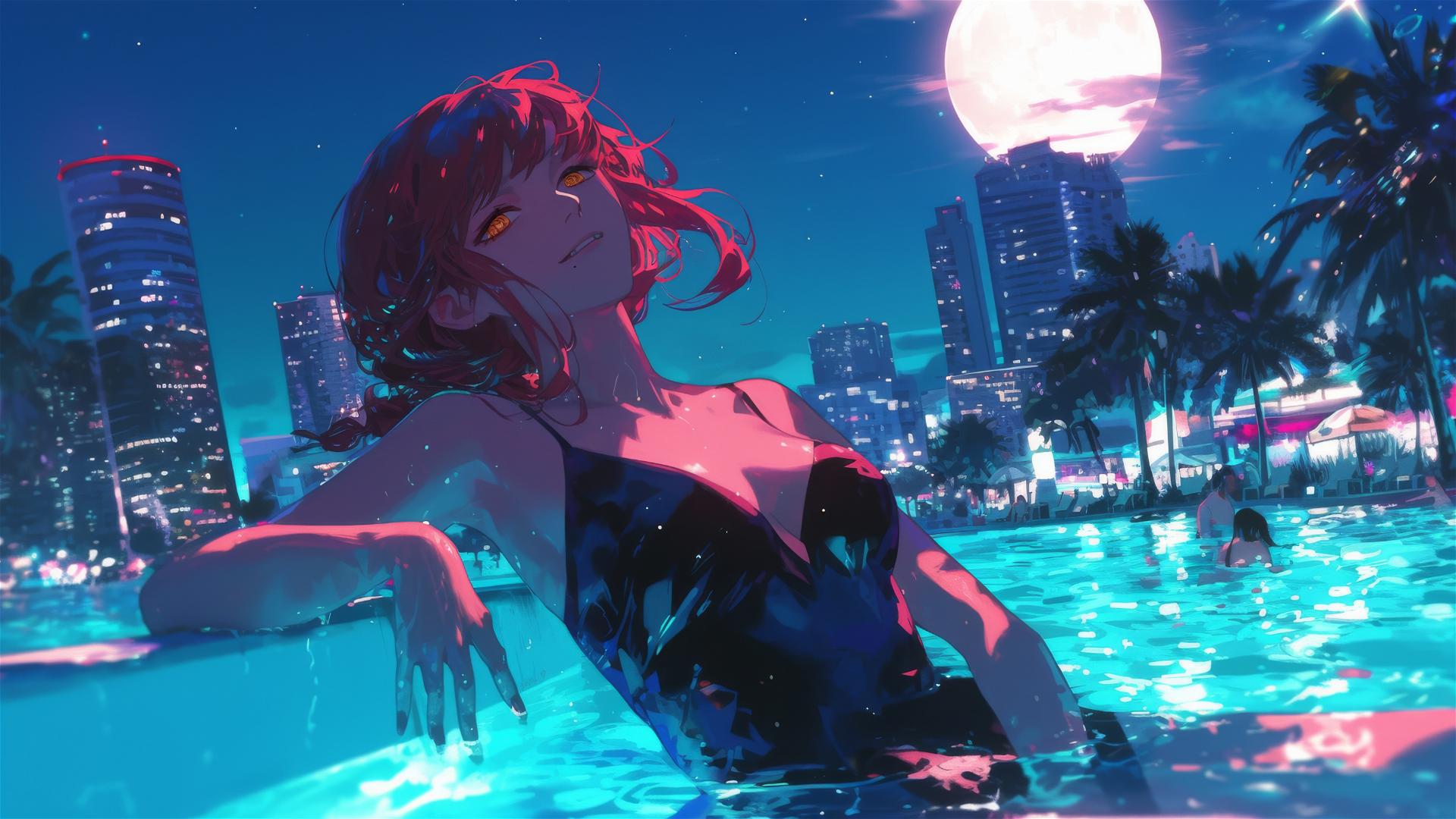 Makima from Chainsaw Man standing in pool under moonlight