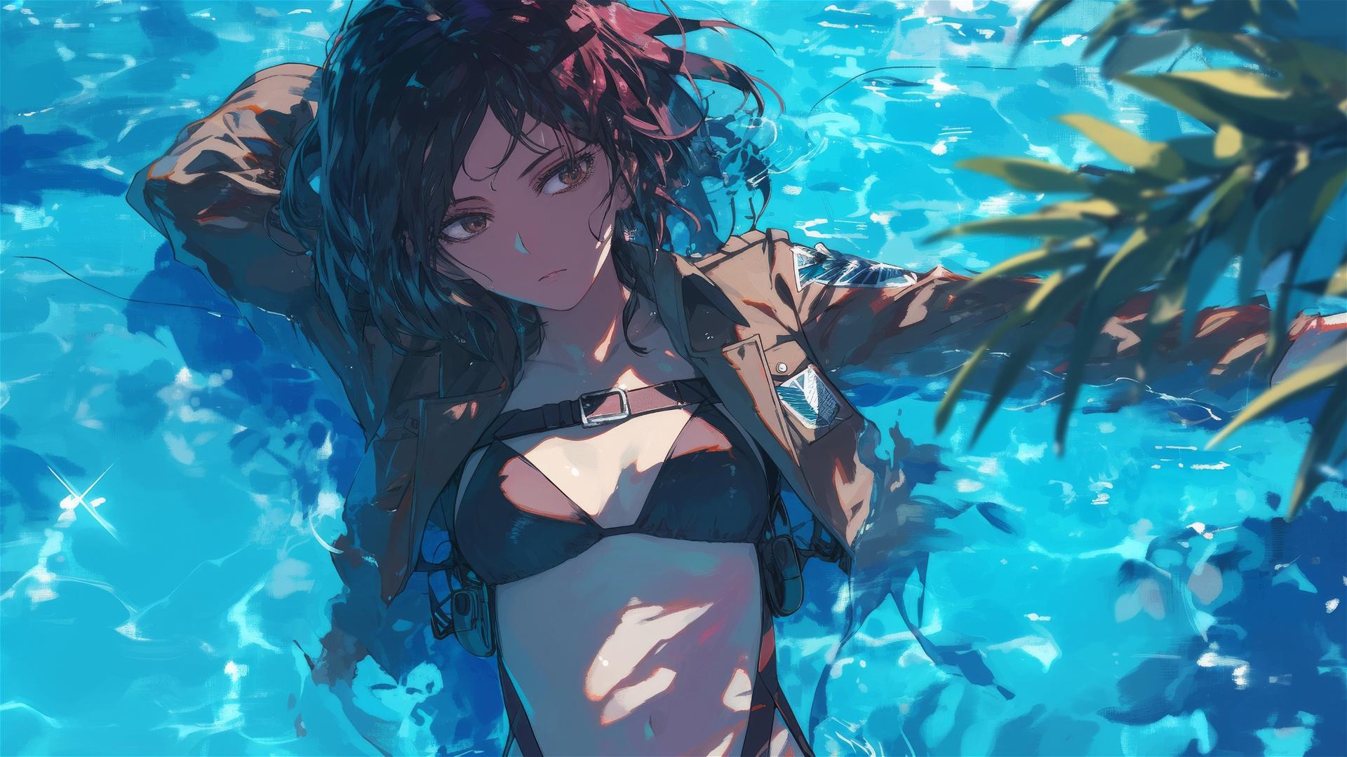 Sasha Blouse from Attack on Titan standing in a pool under moonlight