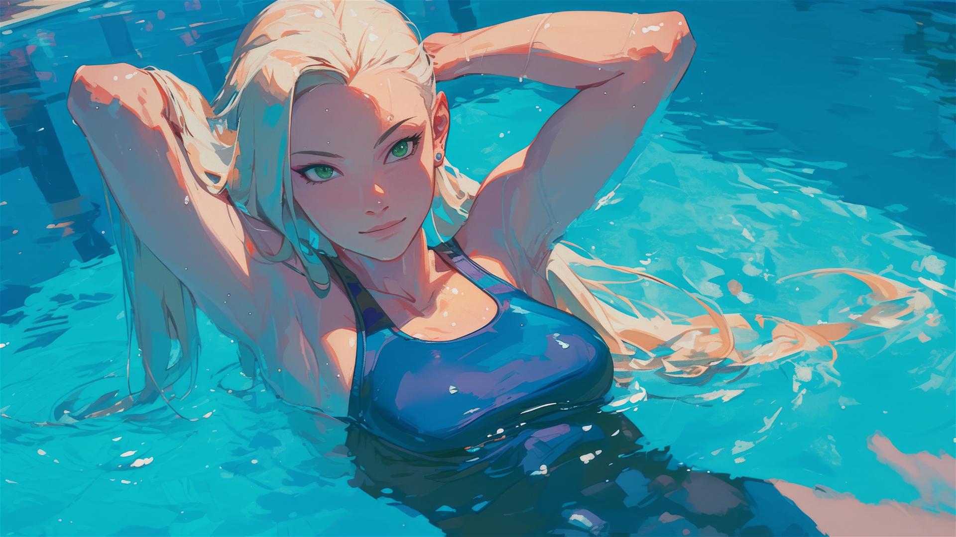 Ino Yamanaka from Naruto swimming in a moonlit pool with soft glow on her figure and green eyes
