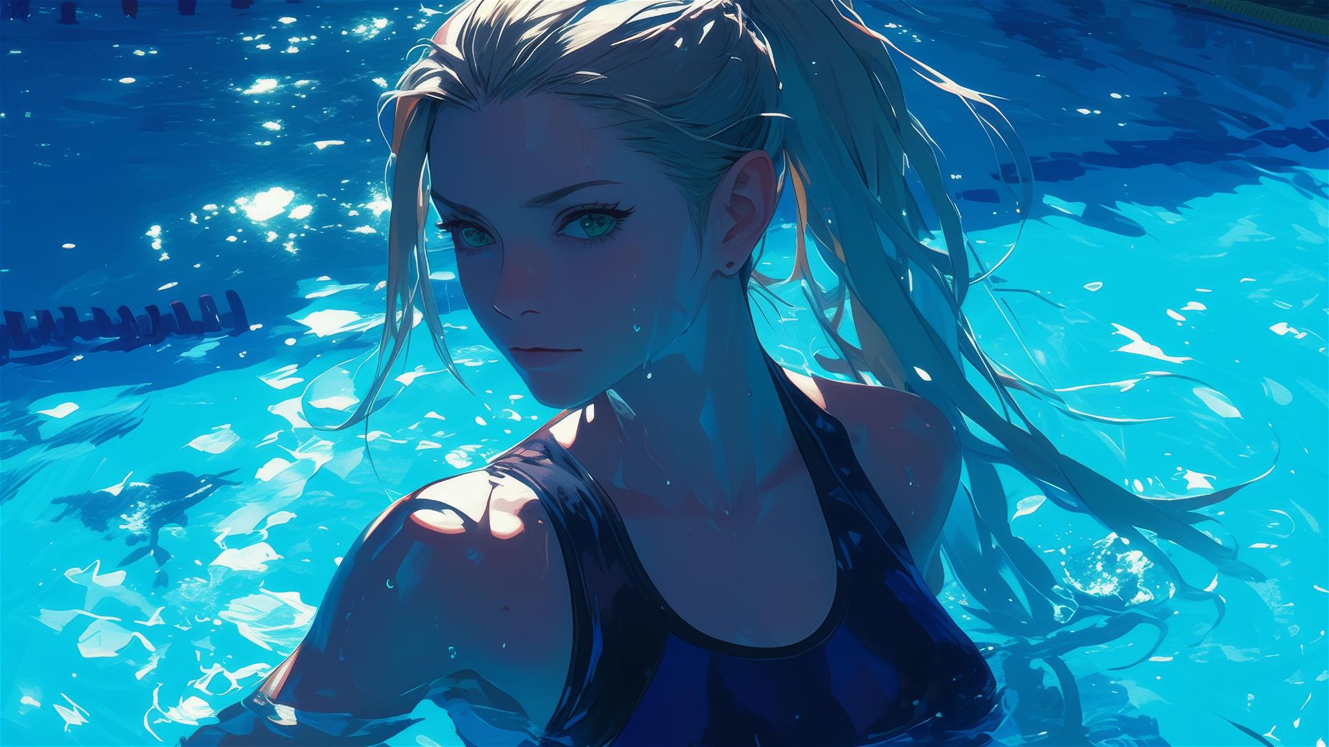 Ino Yamanaka swimming in pool with moonlight glow and green eyes