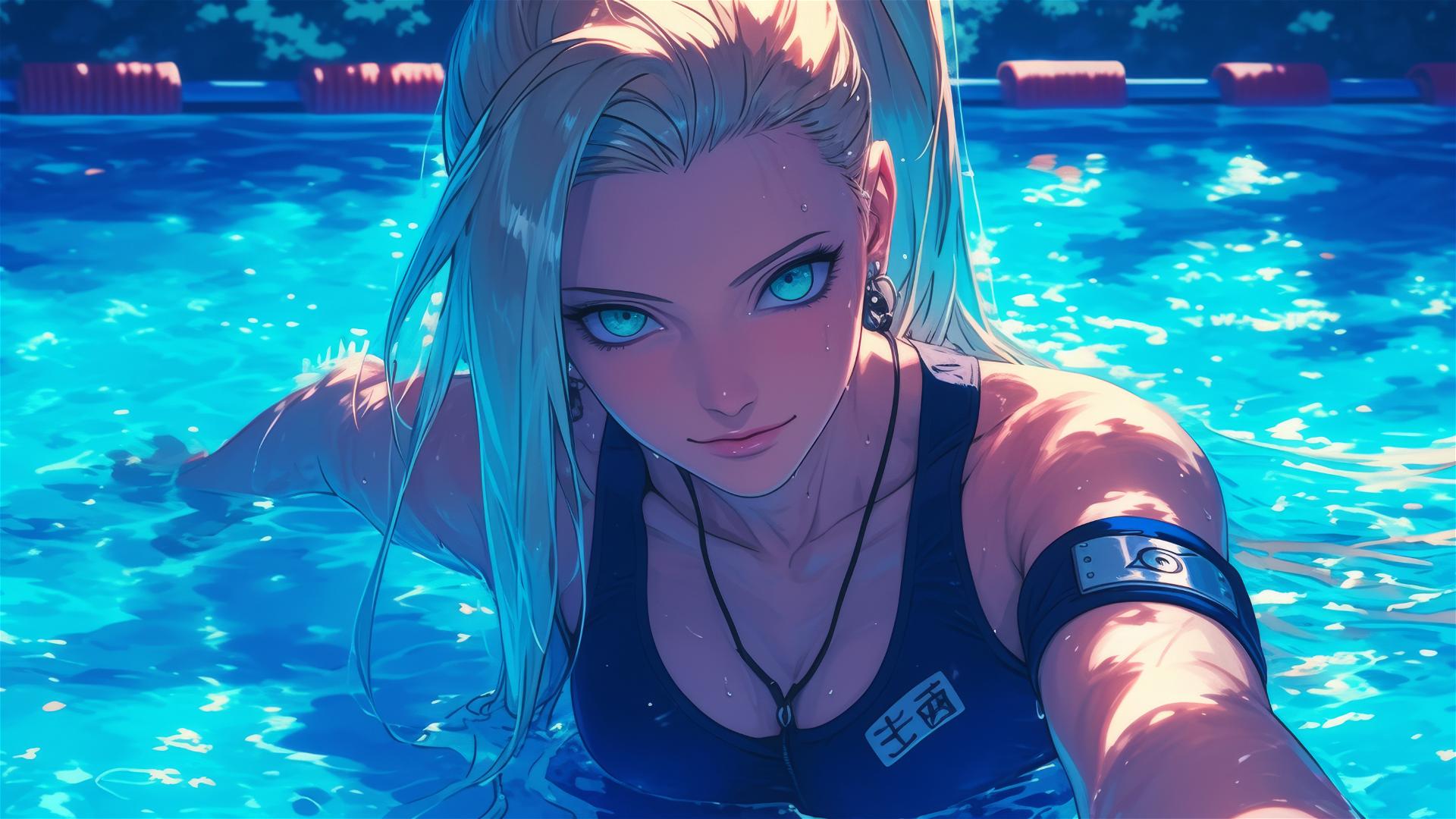 Ino Yamanaka swimming under moonlight with green eyes