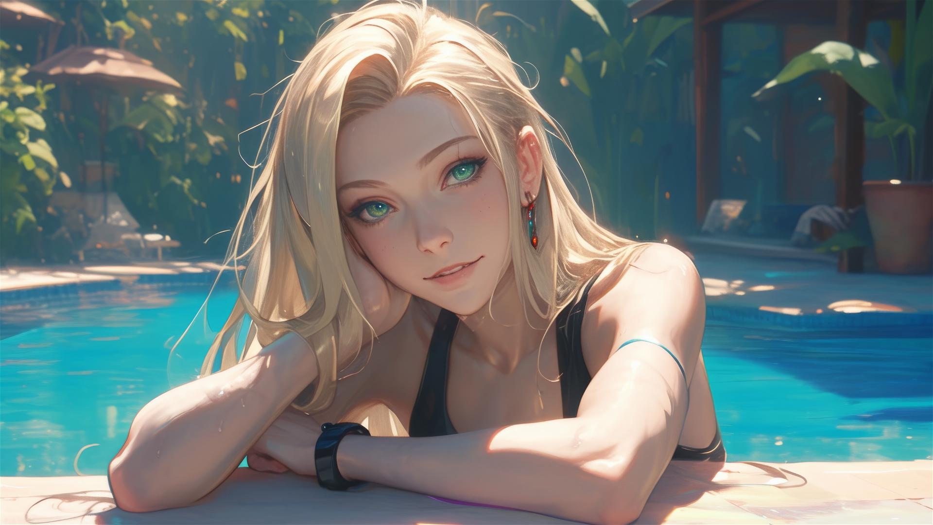 Ino Yamanaka from Naruto resting by pool under moonlight, green eyes