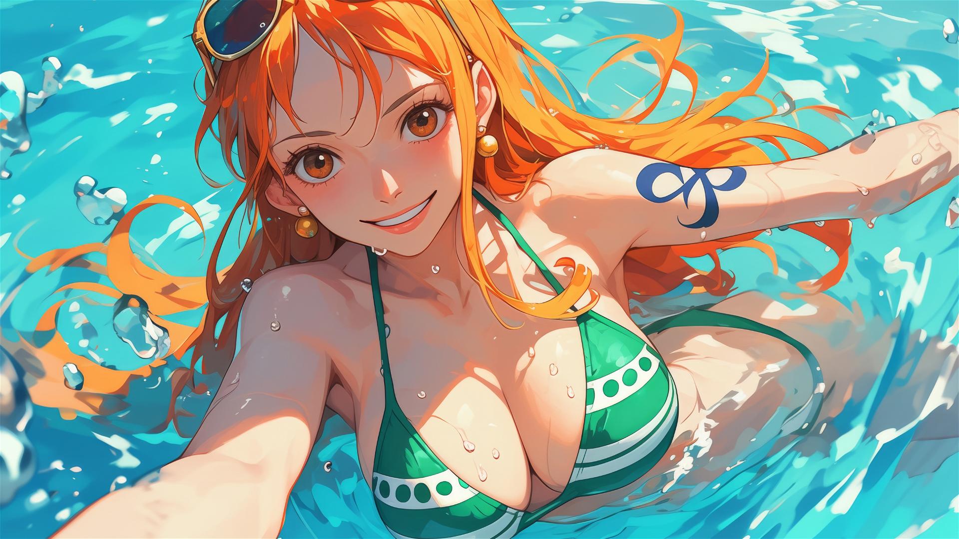 Nami from One Piece swimming in pool under moonlight