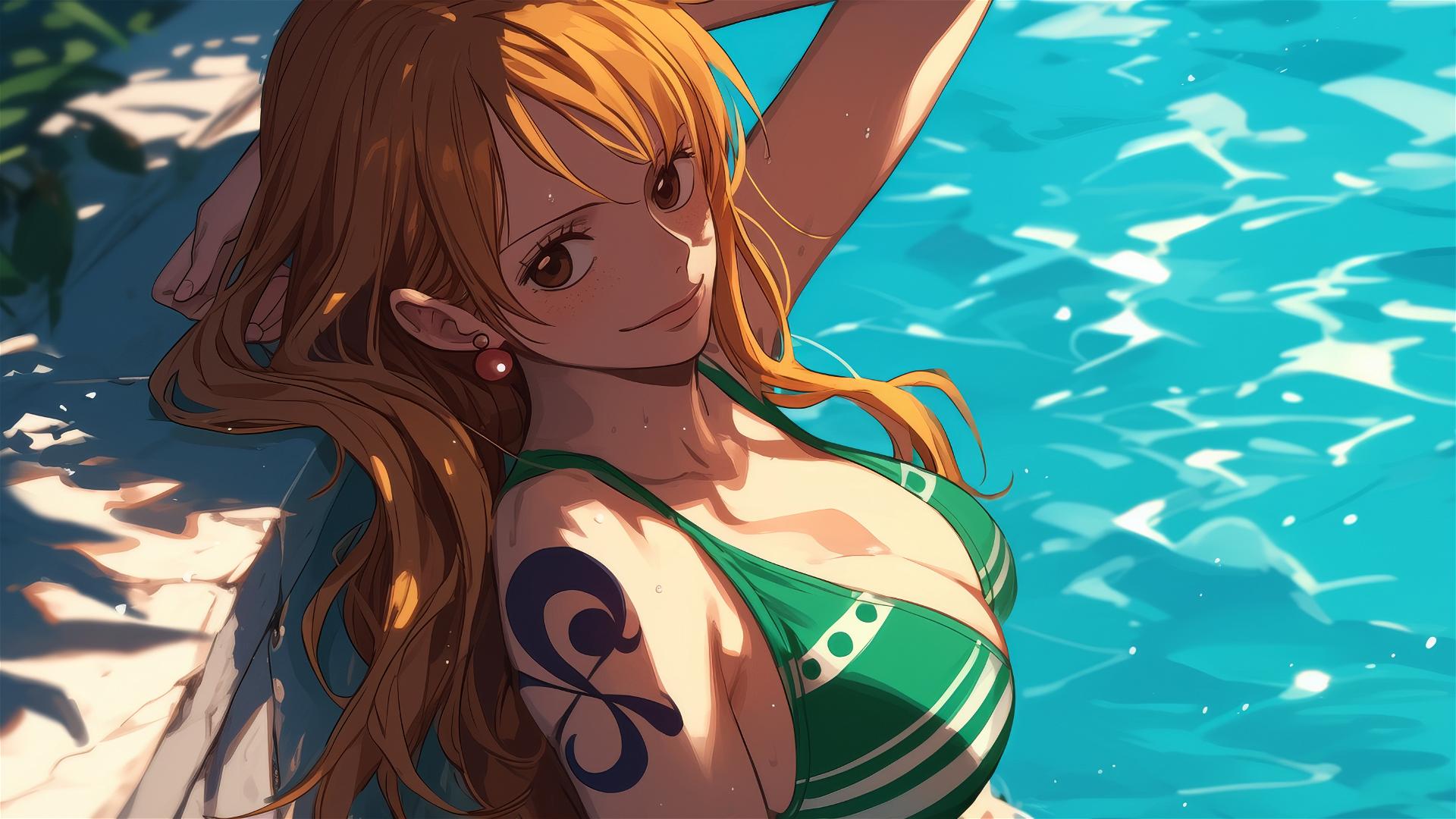 Nami from One Piece by the pool under moonlight