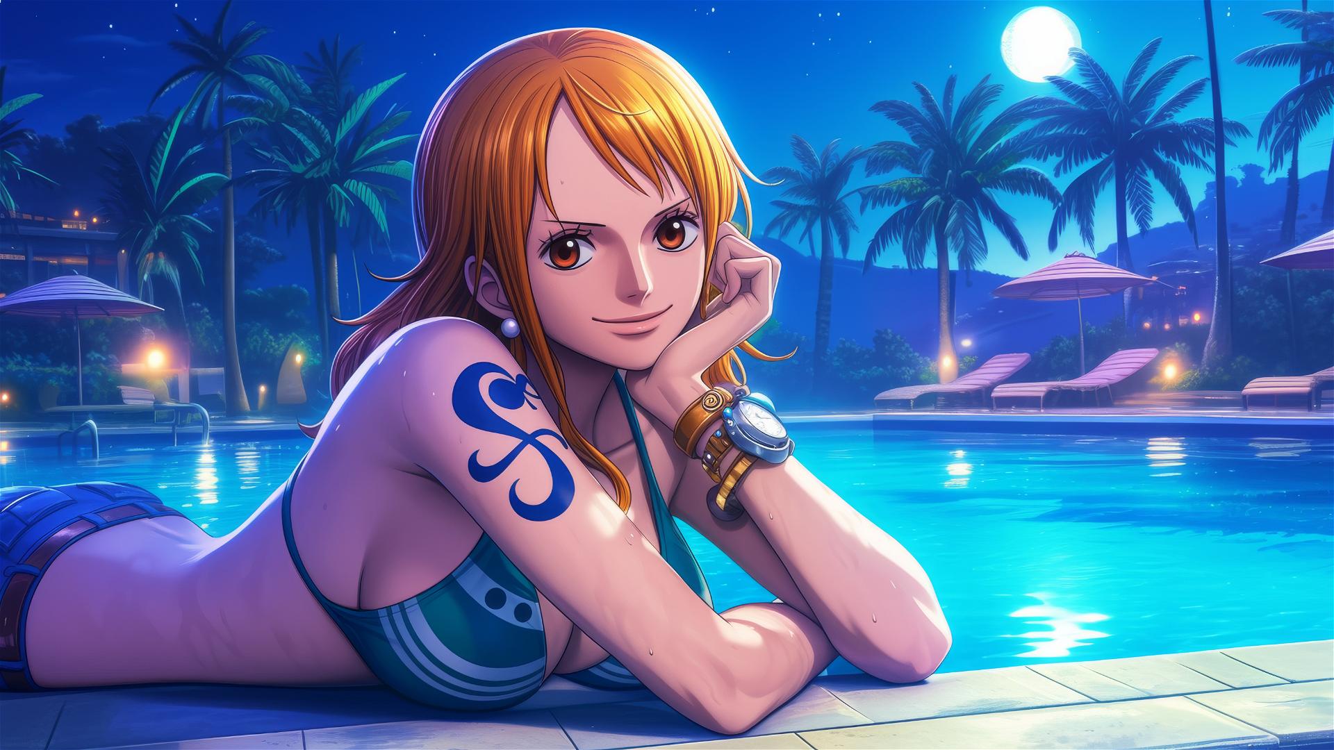 Nami from One Piece resting by the pool under moonlight