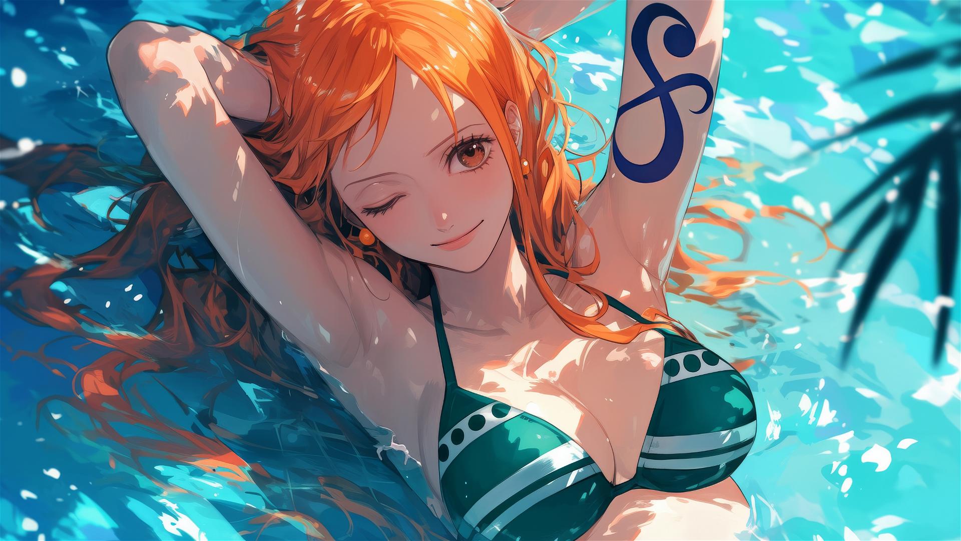 Nami from One Piece resting by a pool under moonlight