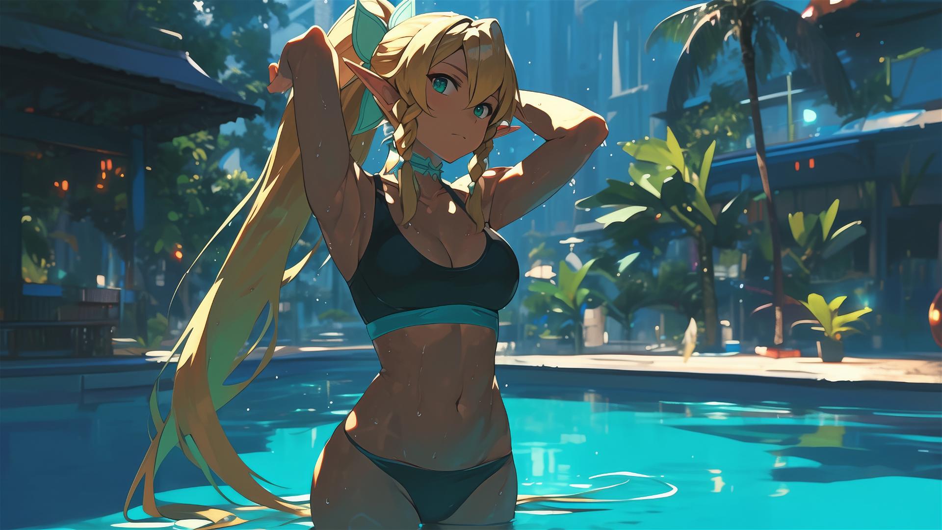 Leafa from Sword Art Online standing in pool under moonlight