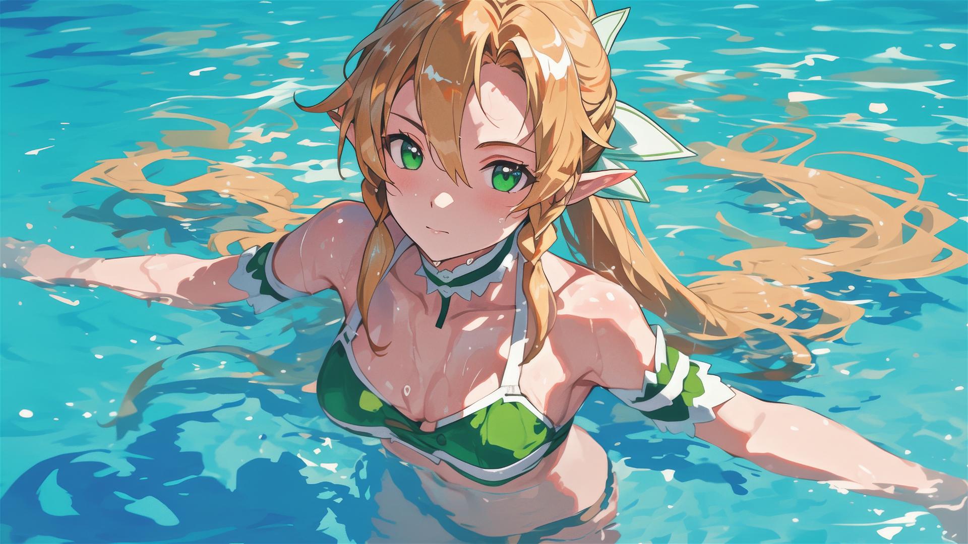 Leafa from Sword Art Online standing in a pool under moonlight