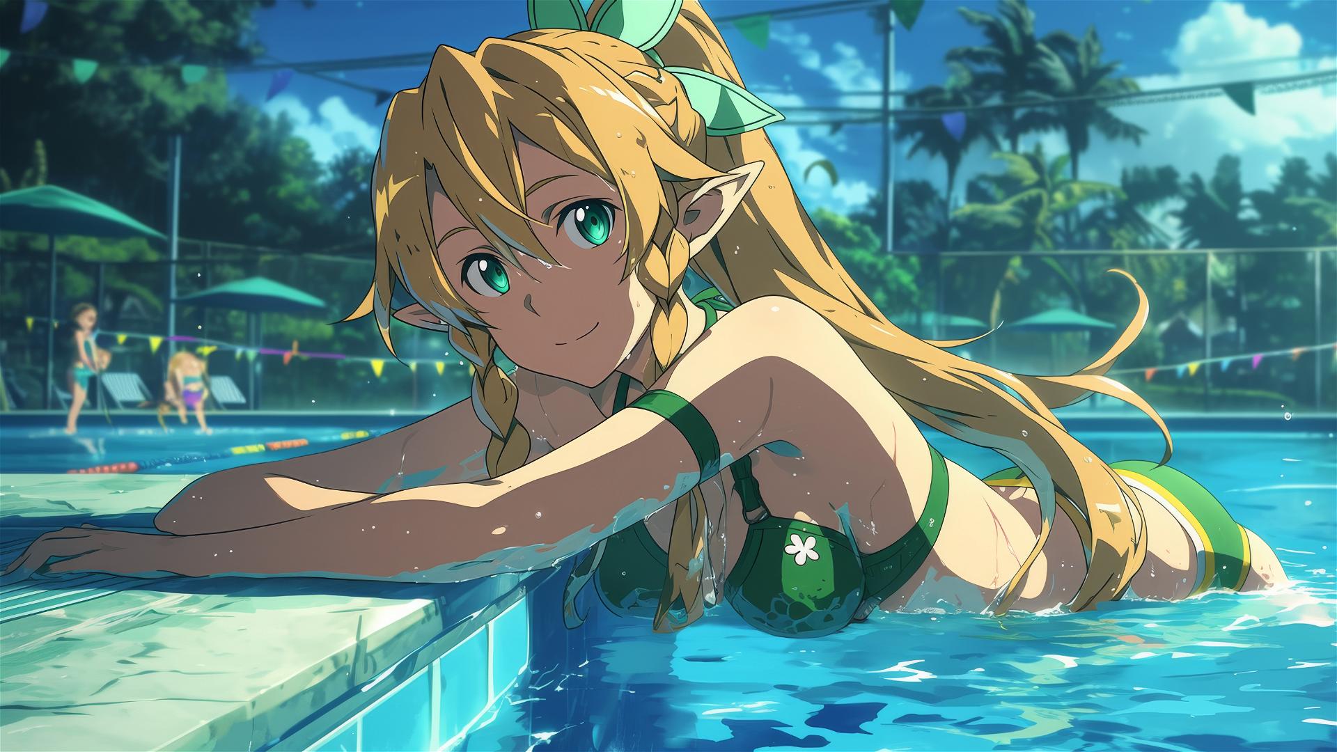Leafa from SAO swimming in moonlit pool