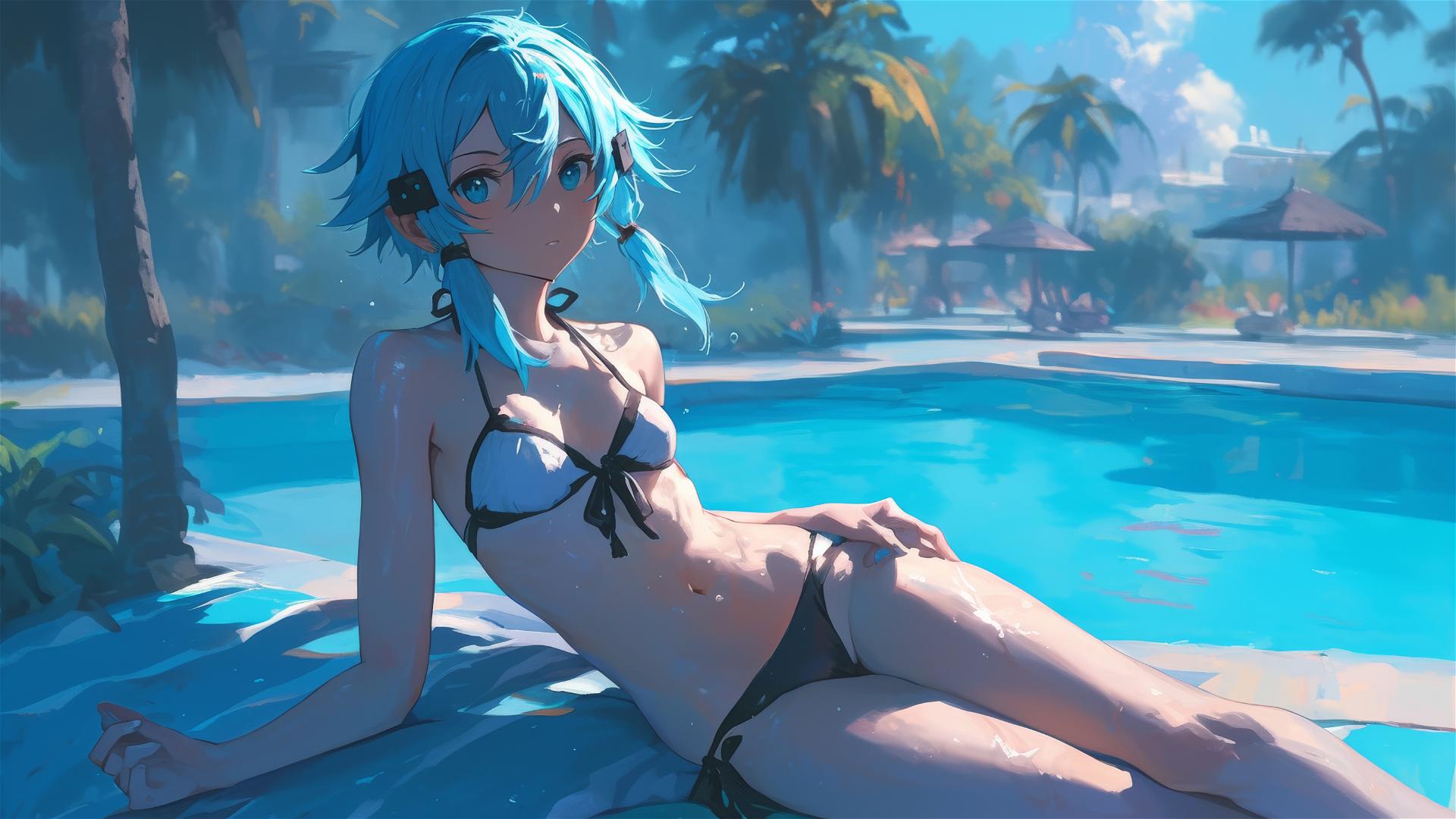 Sinon from Sword Art Online resting by pool under moonlight
