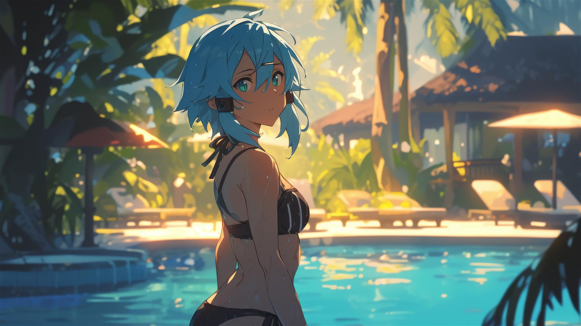 Sinon from SAO by moonlit pool with green eyes