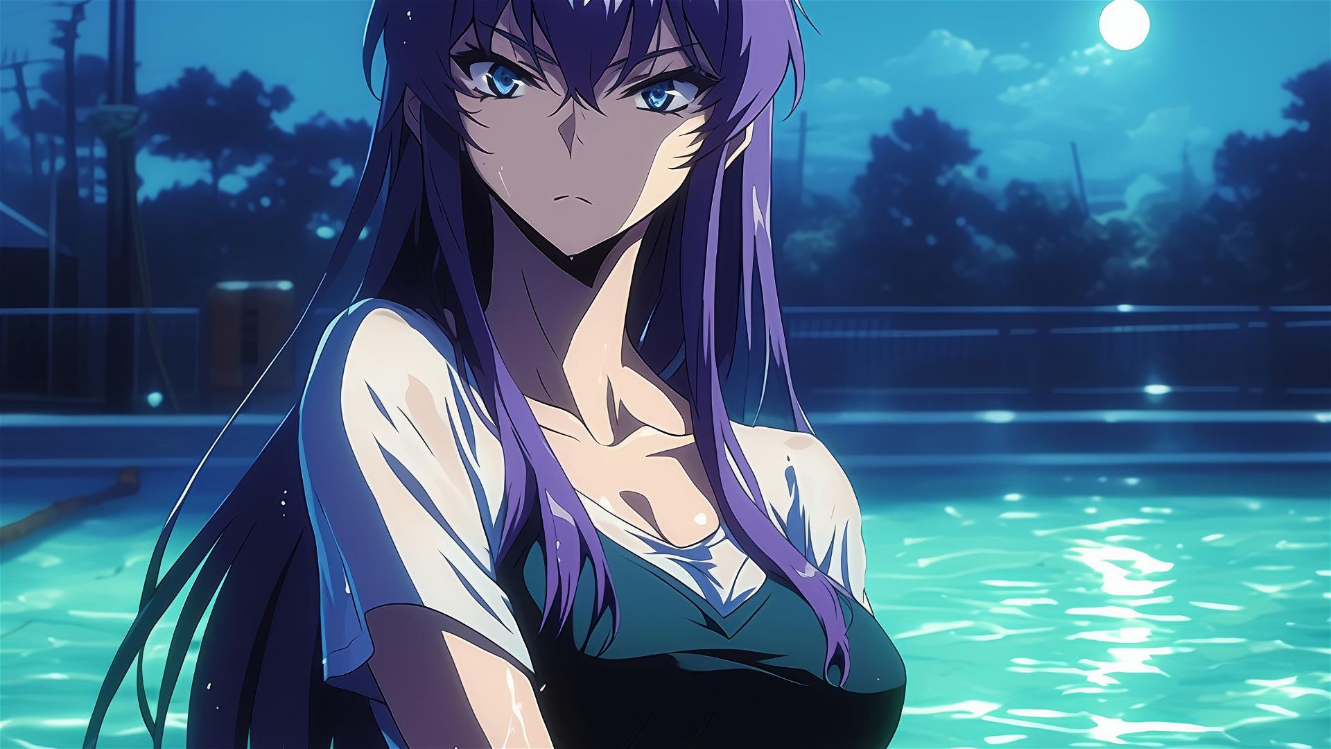 Saeko Busujima from Highschool of the Dead swimming in moonlit pool