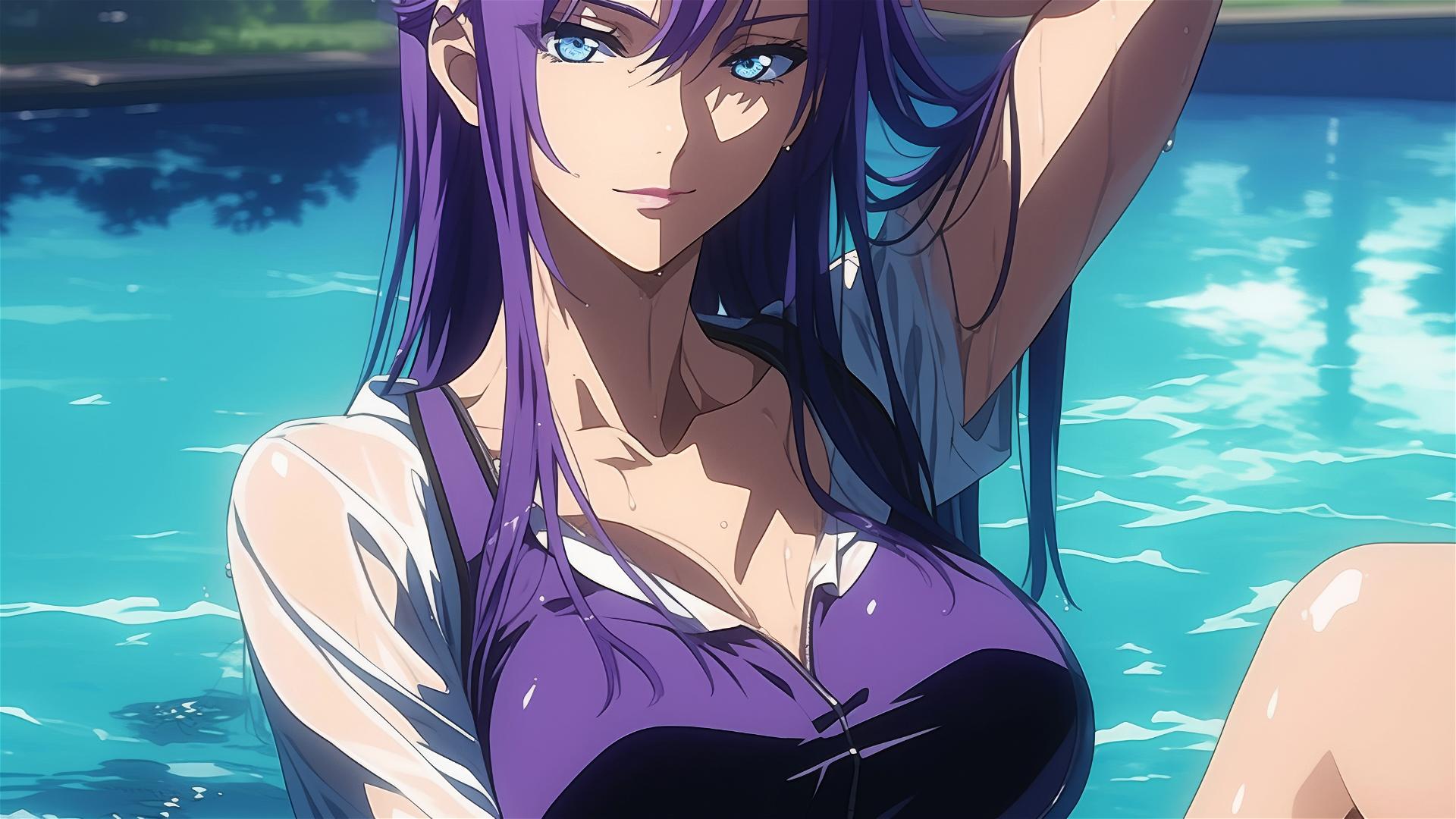 Saeko Busujima from Highschool of the Dead swimming in a moonlit pool