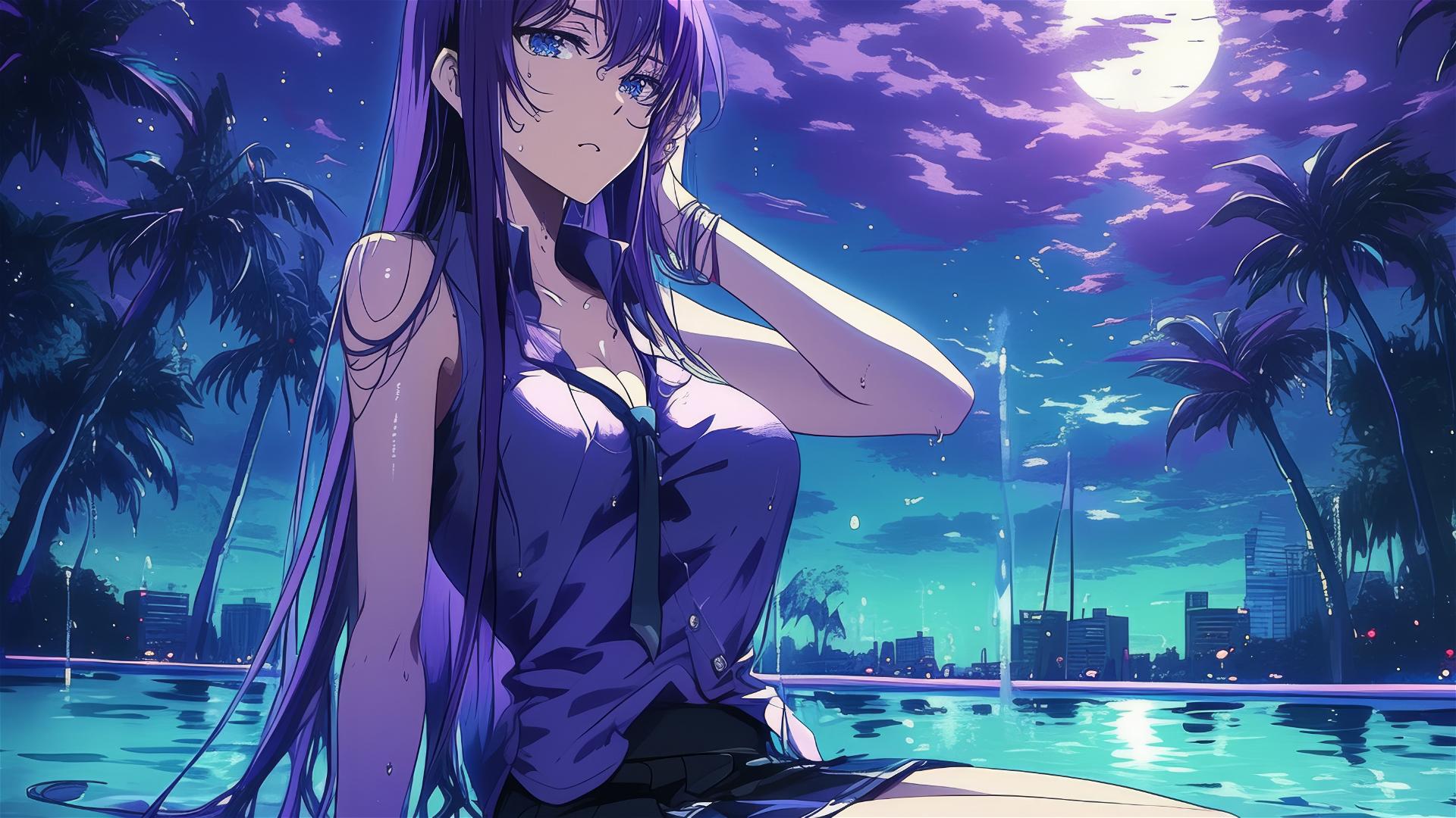 Saeko Busujima resting in pool under moonlight with purple hair and blue eyes
