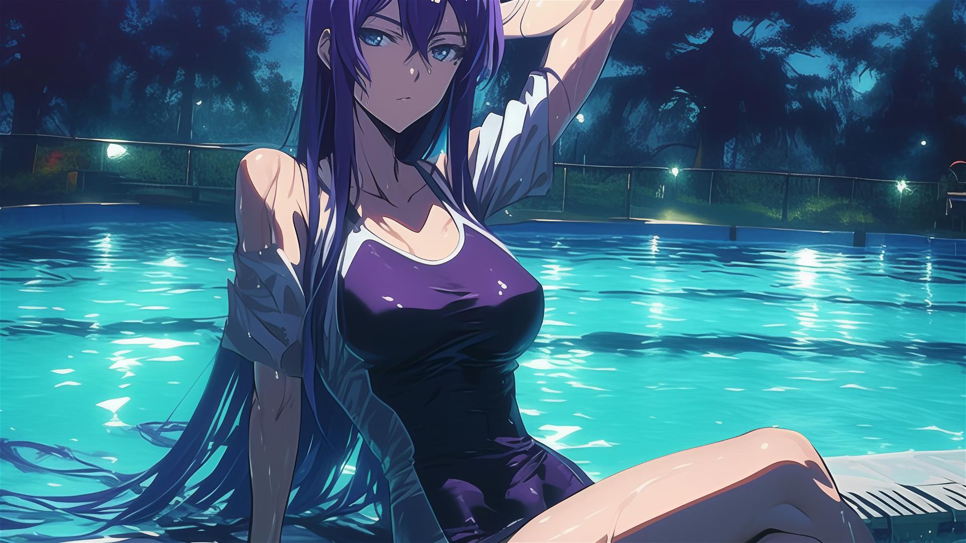 Saeko Busujima from Highschool of the Dead resting by moonlit pool, purple hair, blue eyes.