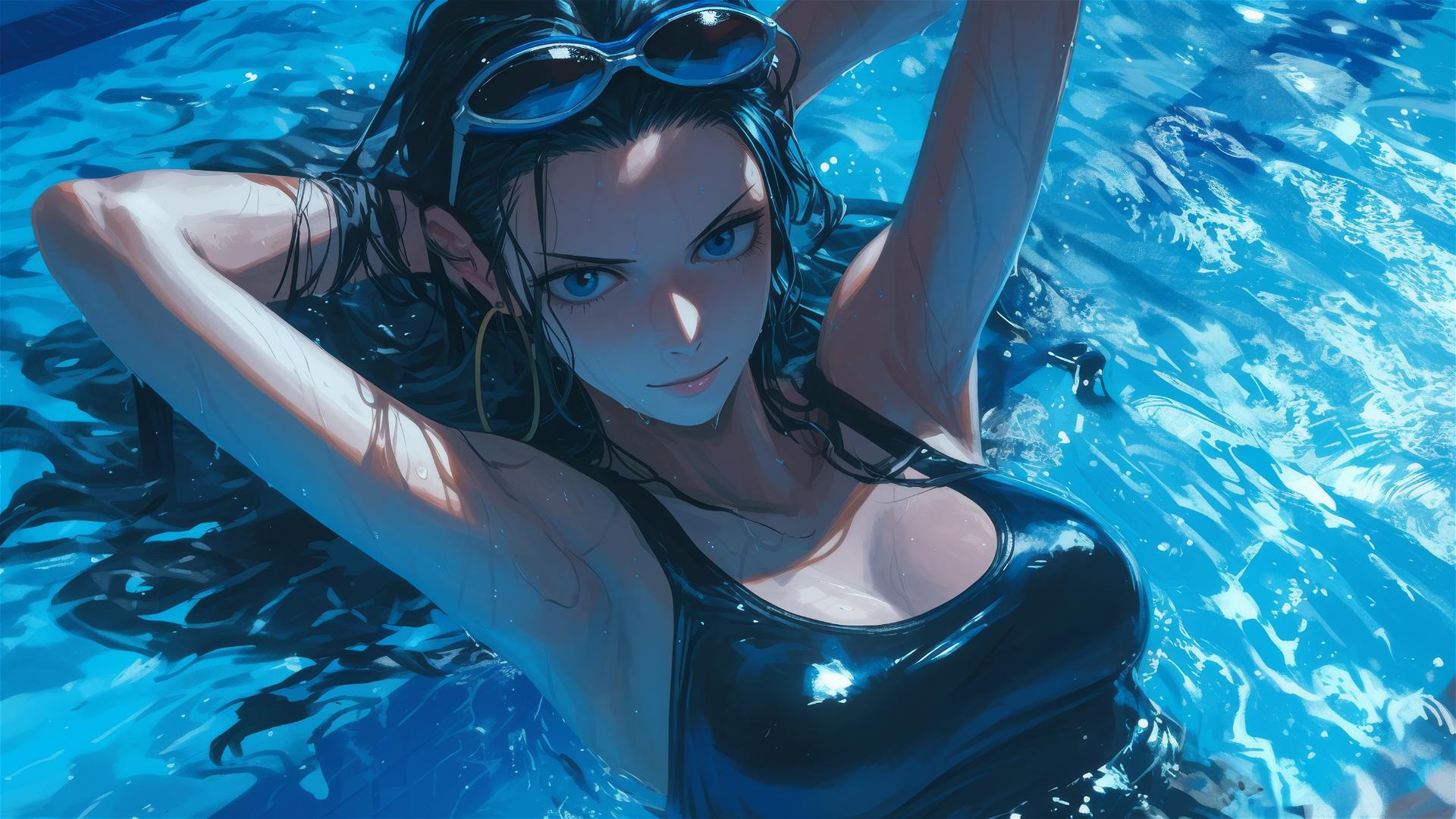 Nico Robin swimming in moonlit pool from One Piece