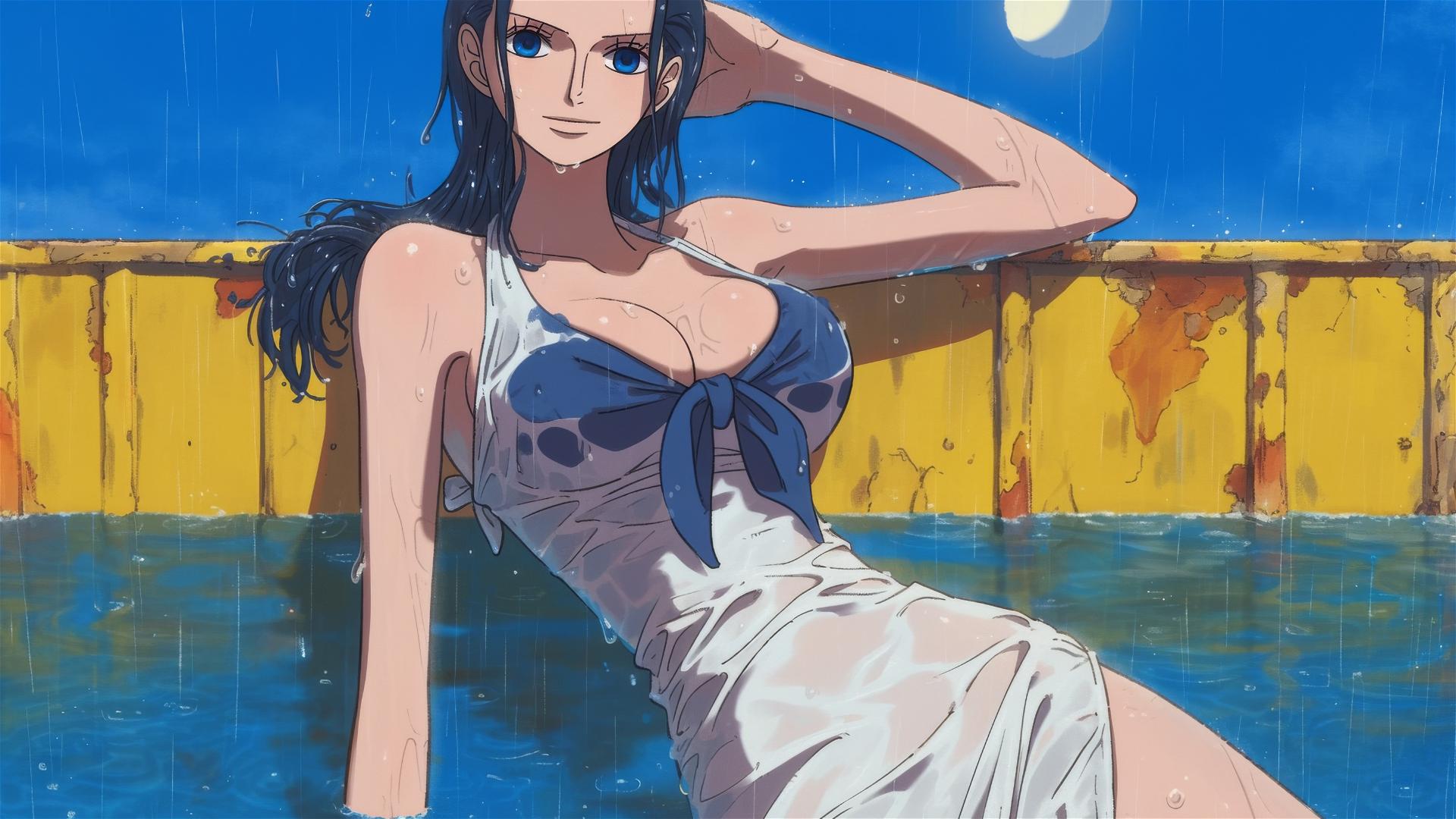 Nico Robin from One Piece swimming in a pool with moonlight and rain, in a bunny girl pose, wearing white