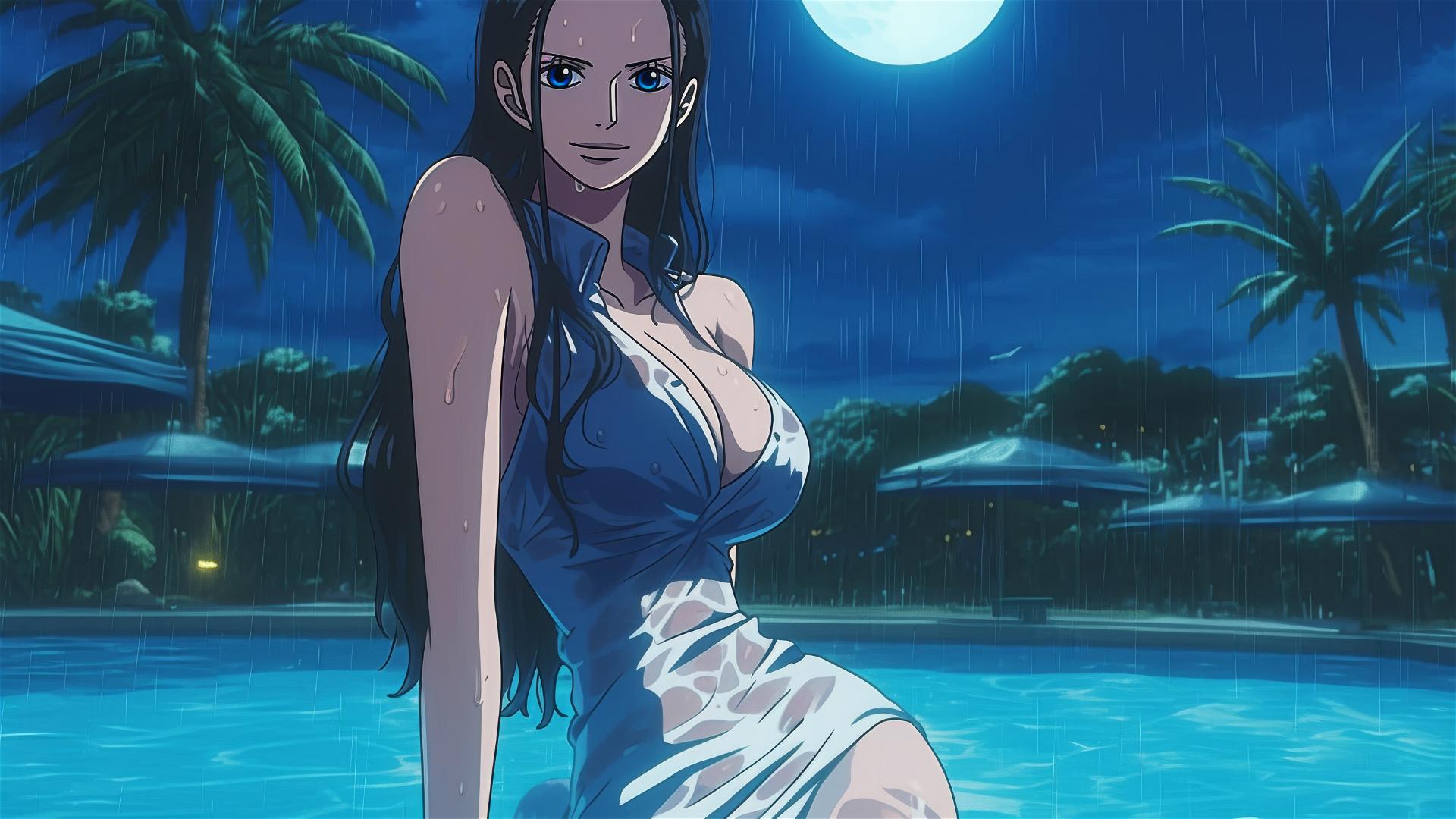 Nico Robin from One Piece swimming in a moonlit pool, bunny girl pose, white dress, on a rainy day