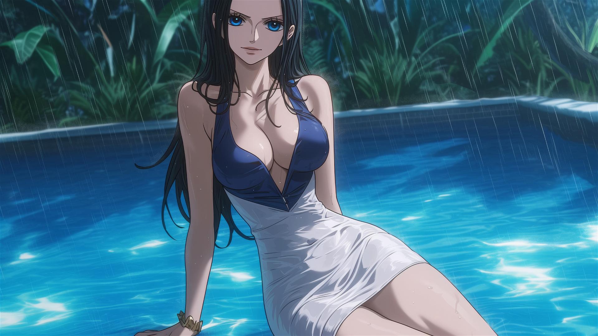 Nico Robin from One Piece by pool in moonlight, bunny pose, white dress, blue eyes, rainy
