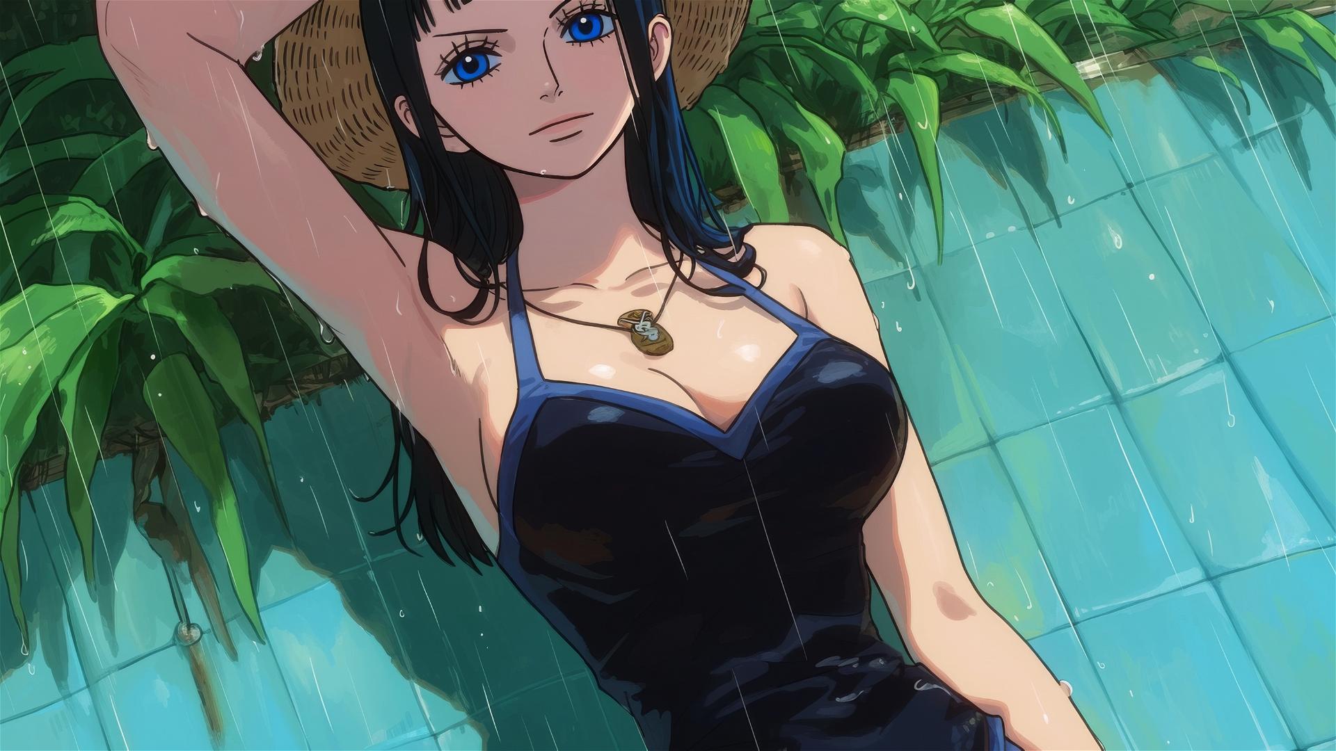 Nico Robin from One Piece resting by pool in moonlight, blue eyes, bunny girl style, rainy day