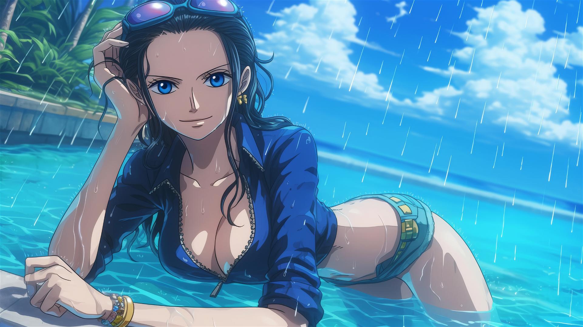 Nico Robin from One Piece resting by pool with moonlight and rain, bunny girl style, blue eyes