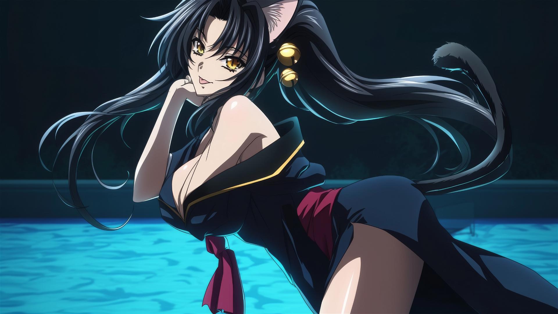 Kuroka from High School DxD swimming under moonlight with glowing hazel gold eyes
