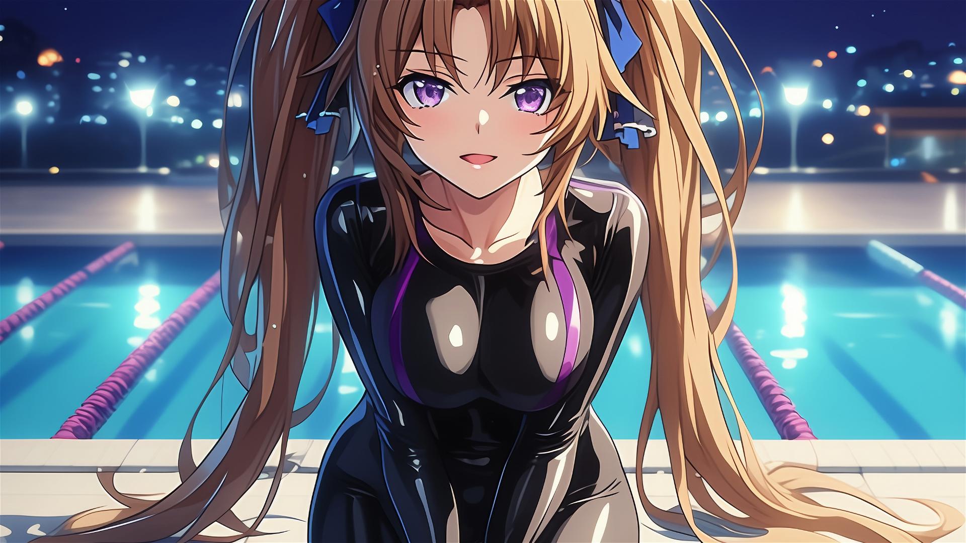 Irina Shidou from High School DxD by pool under moonlight with violet eyes and chestnut twintails