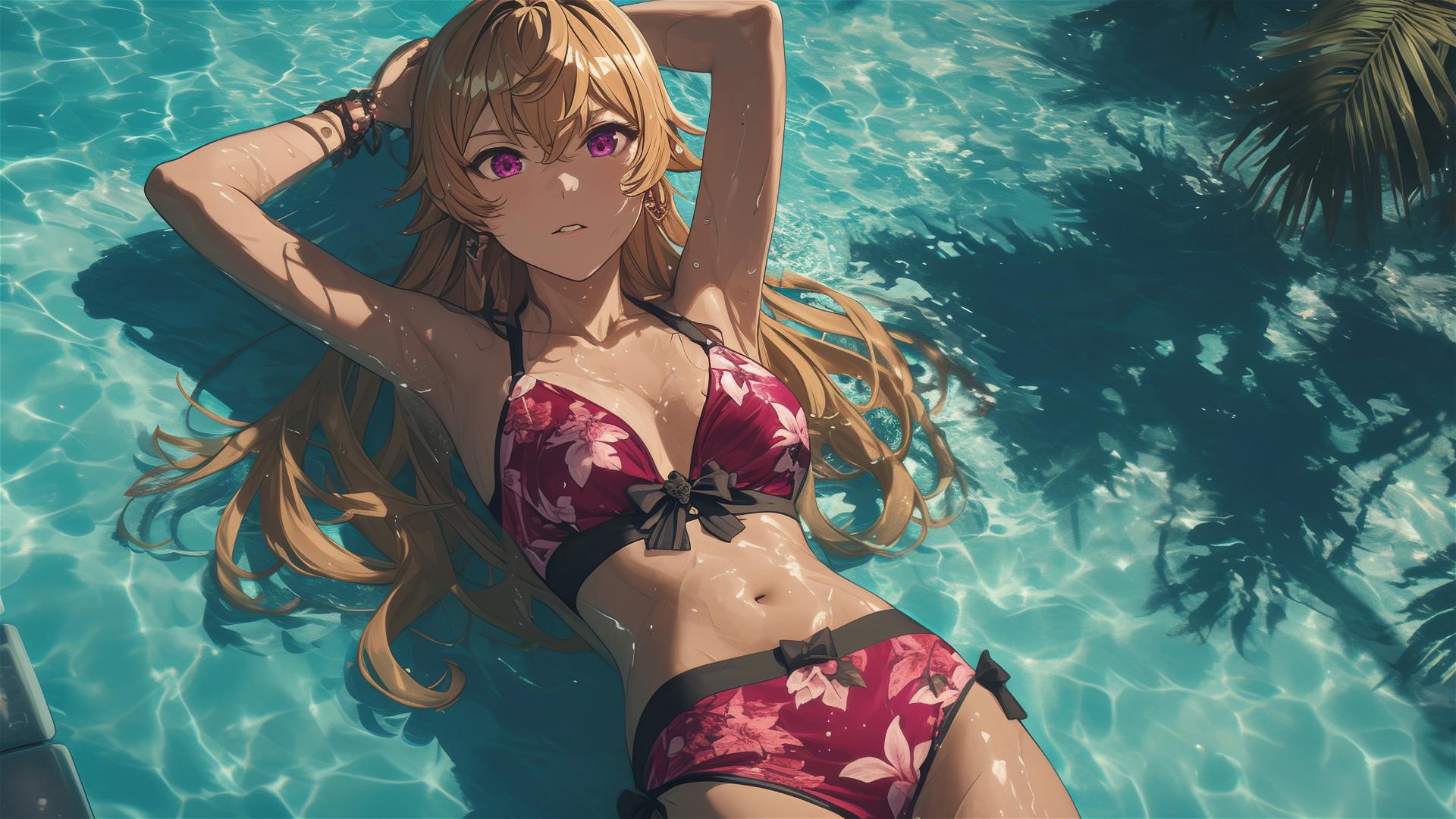 Erina Nakiri swimming under moonlight with pinkish-purple eyes, blonde hair