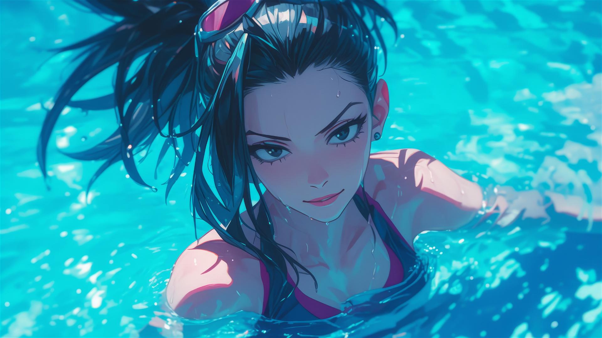 Momo Yaoyorozu swimming in moonlit pool
