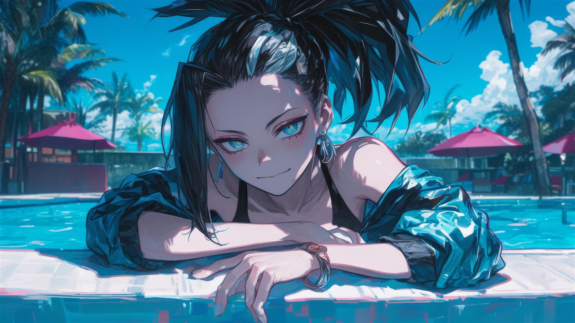 Momo Yaoyorozu resting by pool under moonlight