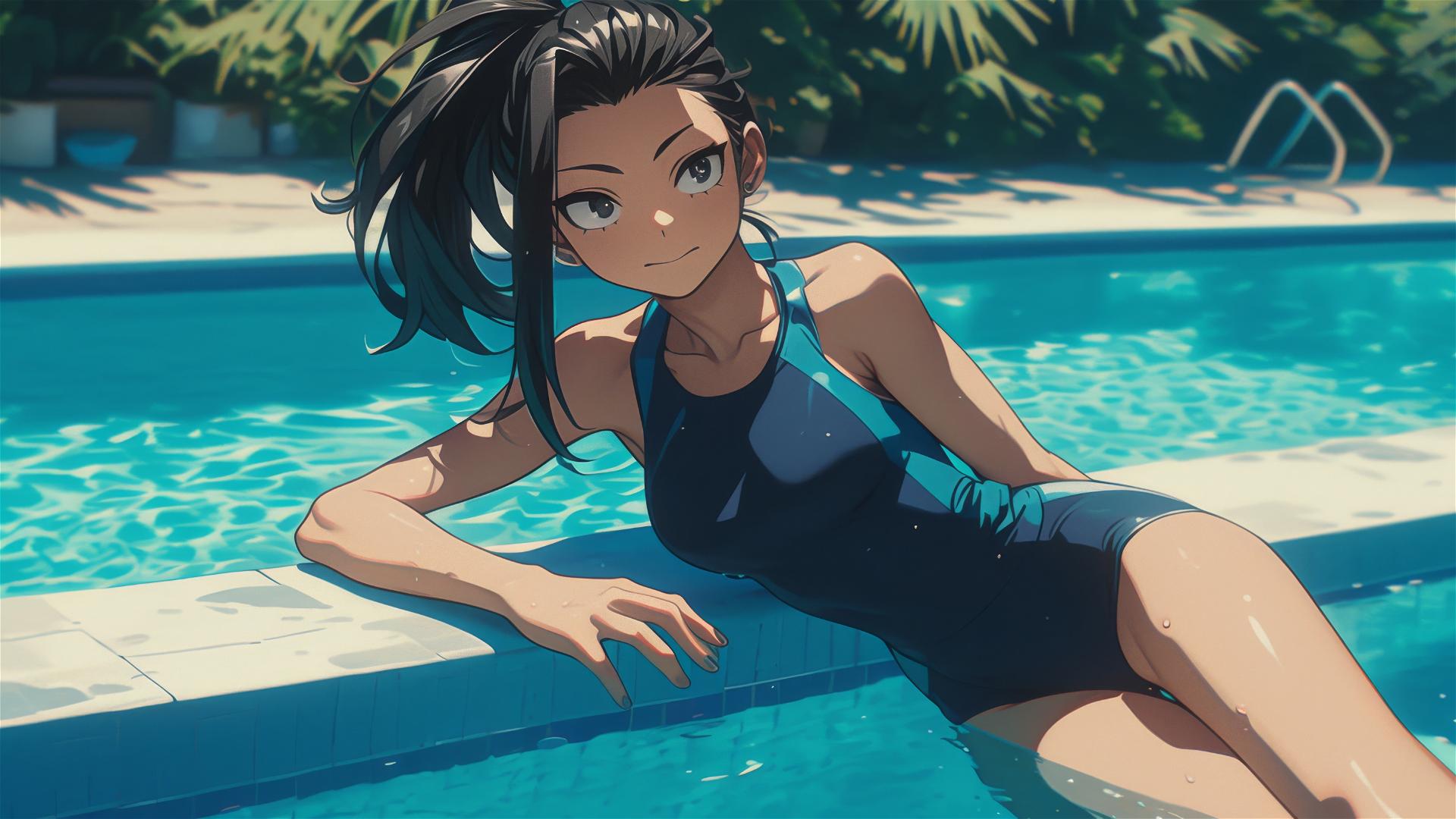 Momo Yaoyorozu from My Hero Academia resting by a pool under moonlight